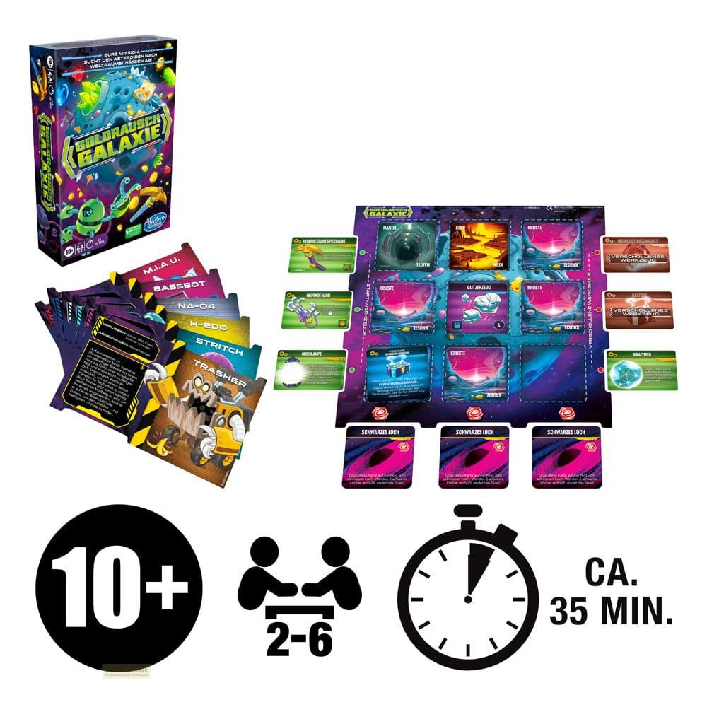 Brettspiel-Komponenten: Box, Spielbrett, Karten und Marker. Geeignet ab 10 Jahren.