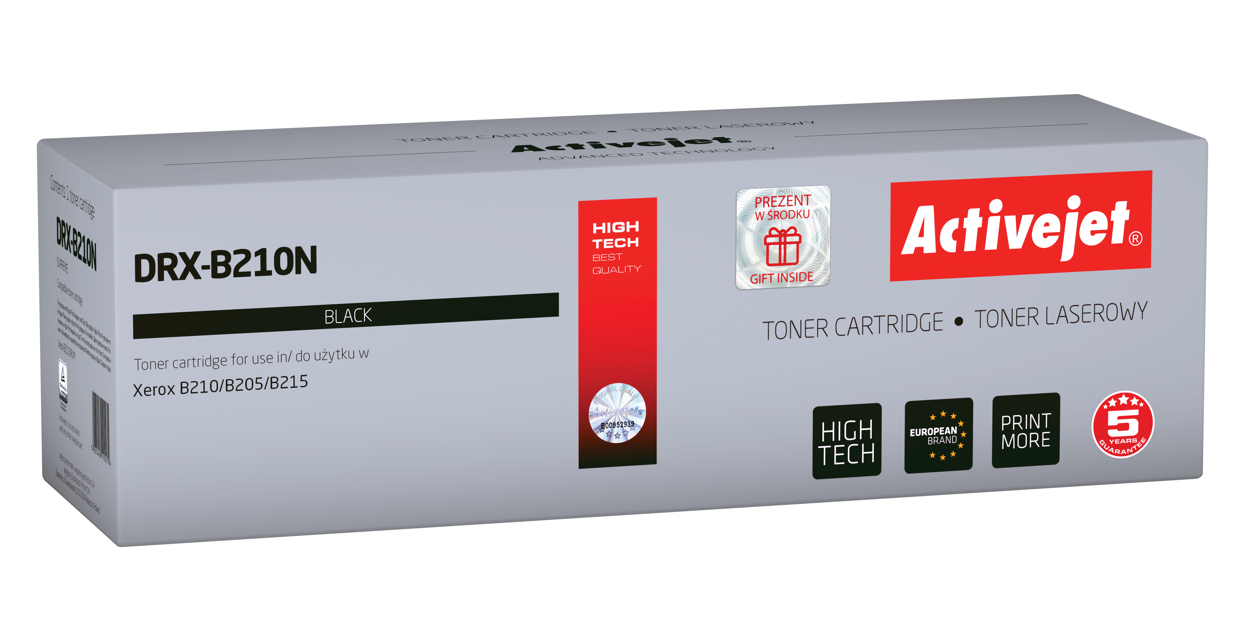 Scatola grigia con testo nero e rosso per una cartuccia toner nera.