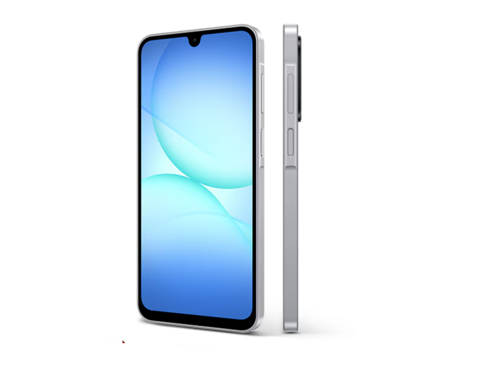 Uno smartphone argentato con sfondo blu-verde e vista laterale.