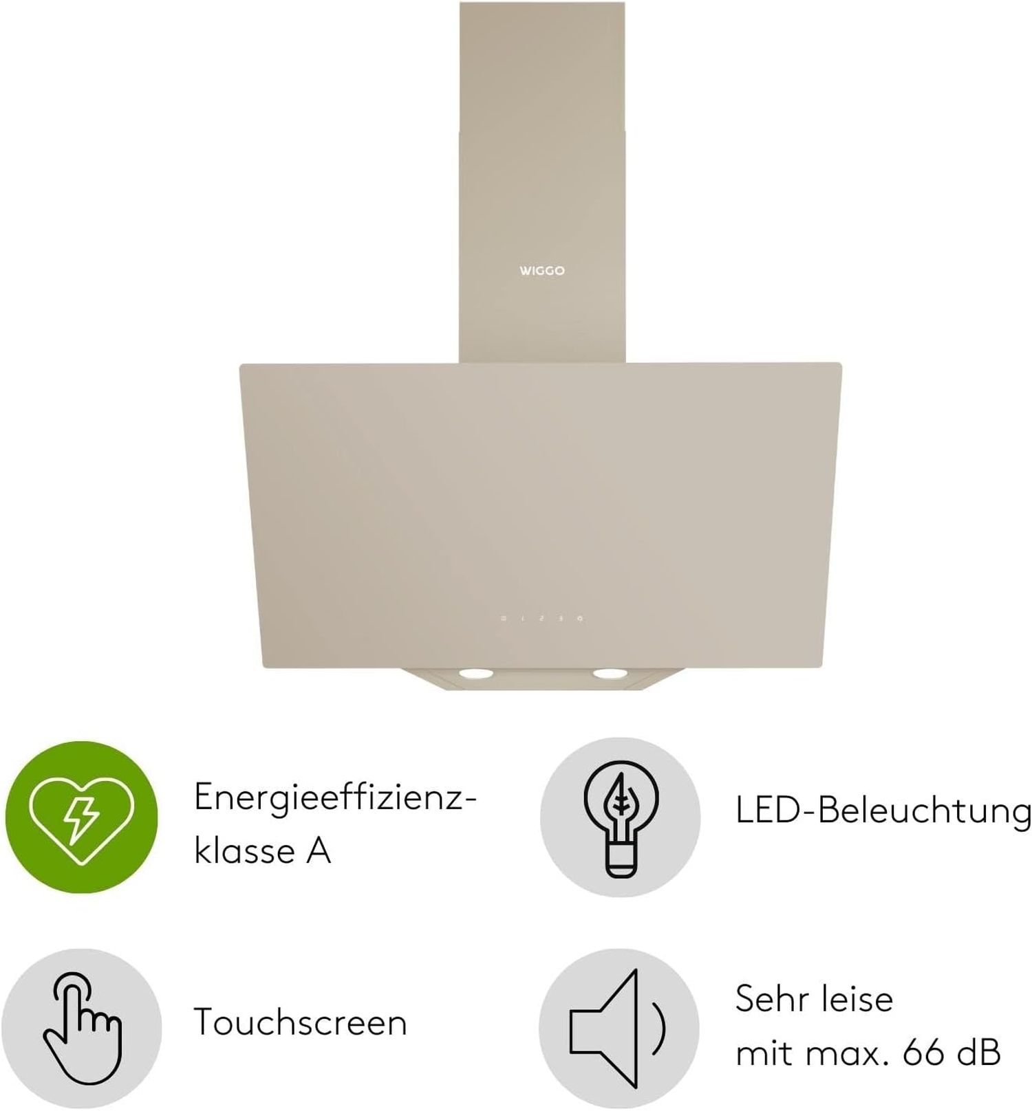 Een beige WIGGO afzuigkap met touchscreen en LED-verlichting.