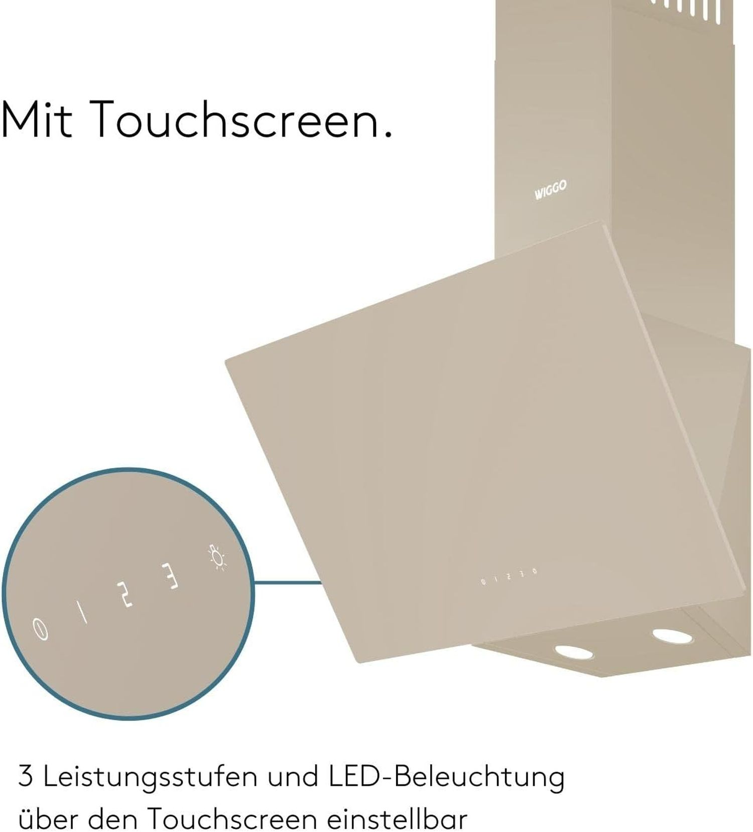 Beige afzuigkap met touchscreen bediening en LED-verlichting.