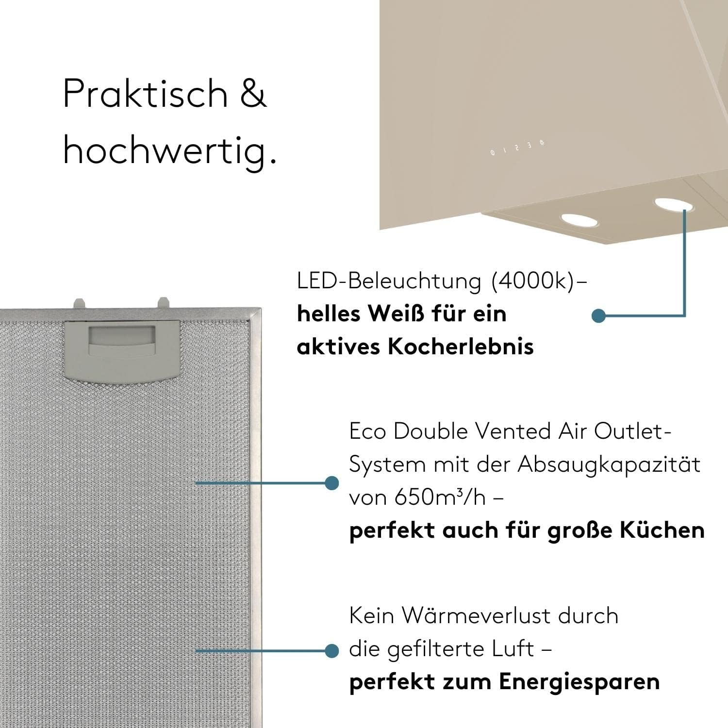 Praktische en hoogwaardige afzuigkap met LED-verlichting en krachtige afzuiging.