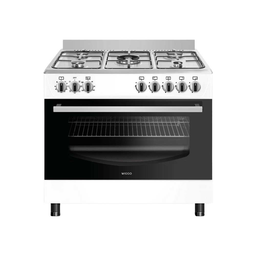Une cuisinière à gaz blanche avec quatre brûleurs, un four et des boutons.