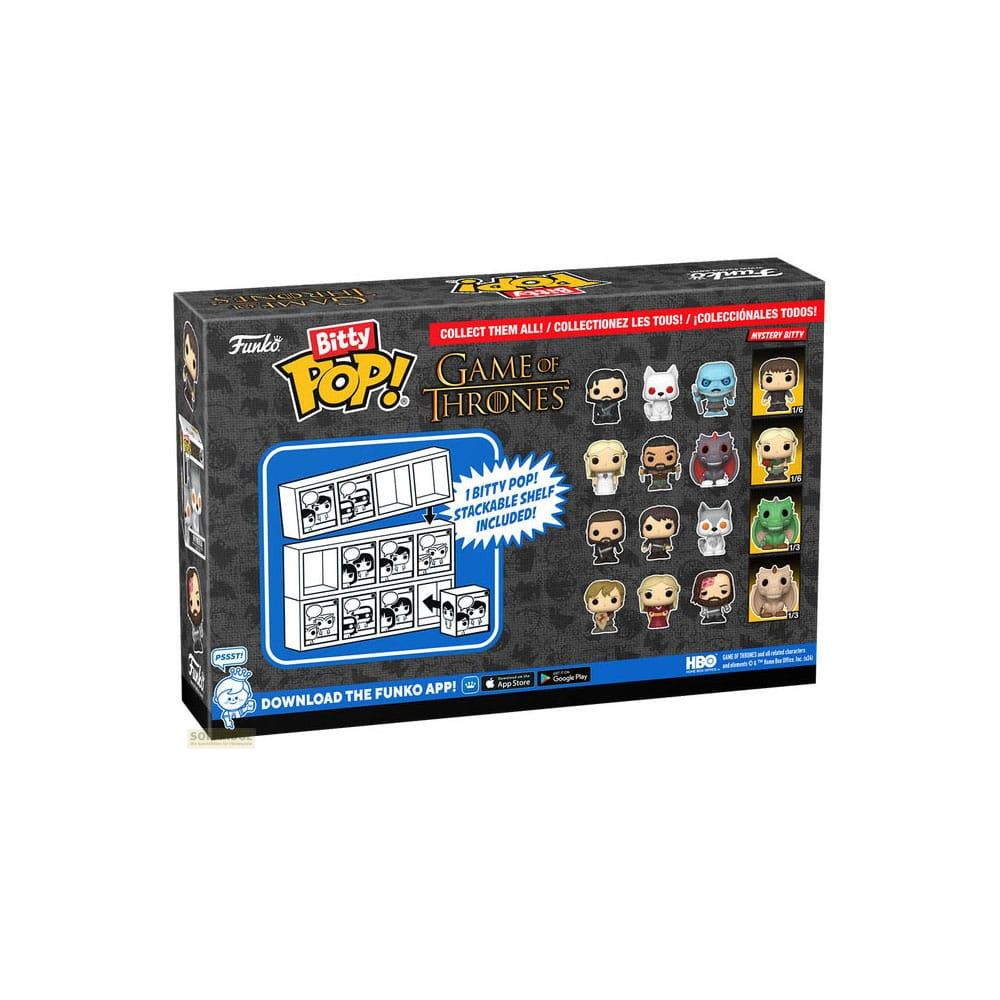 Scatola Funko Bitty Pop! Game of Thrones mostra figure e uno scaffale impilabile.