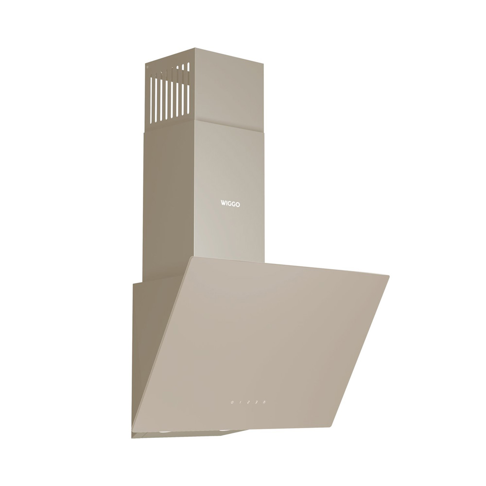 Een moderne, crèmekleurige afzuigkap met een strak design en lamellen.