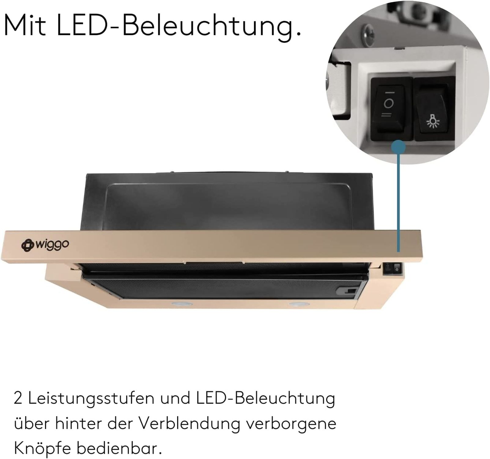Eine beige Dunstabzugshaube mit schwarzem Filter und Schaltern für Licht und Leistung.