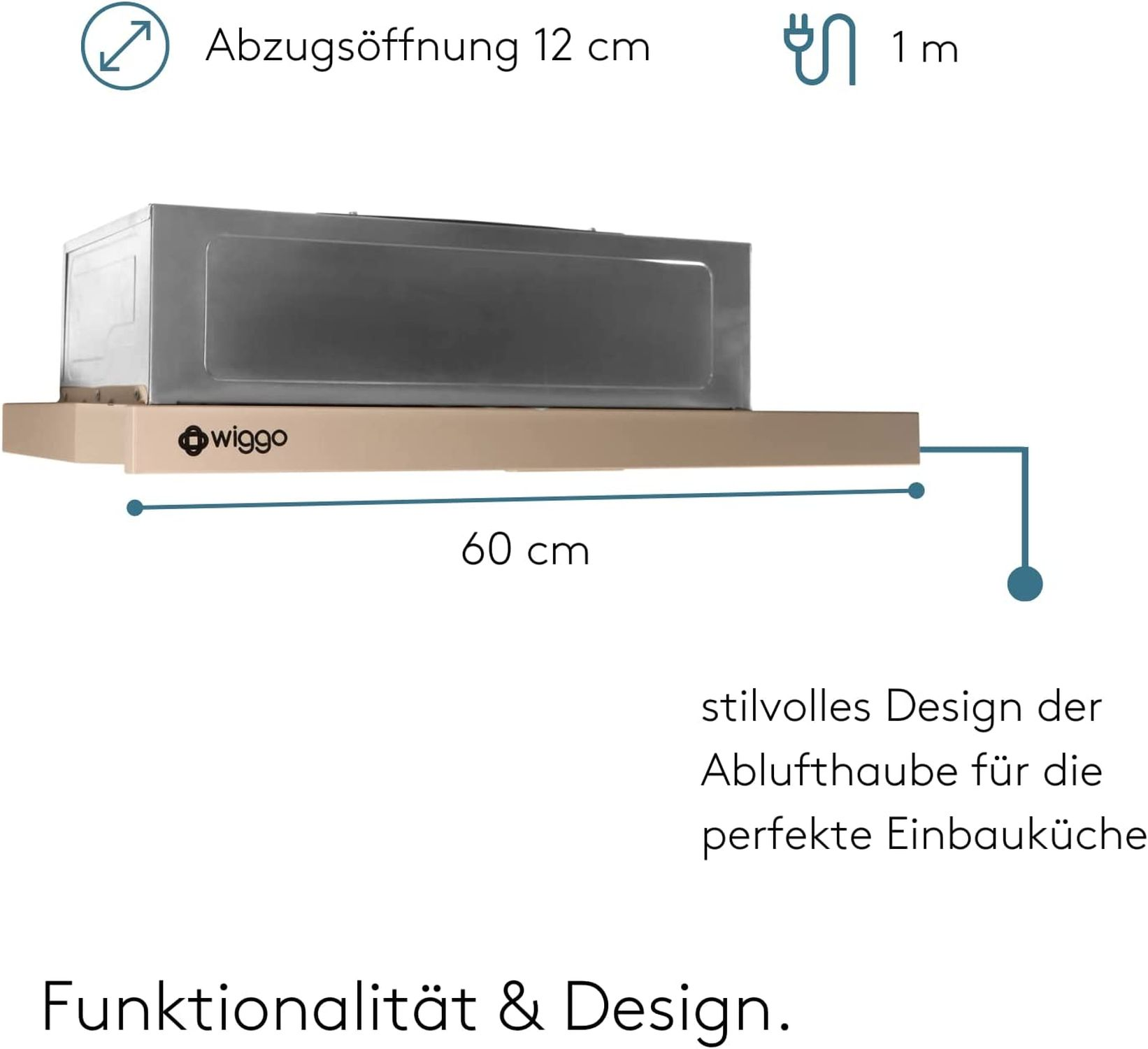 Edelstahl-Dunstabzugshaube mit 12cm Öffnung, 60cm breit, 1m Kabel.