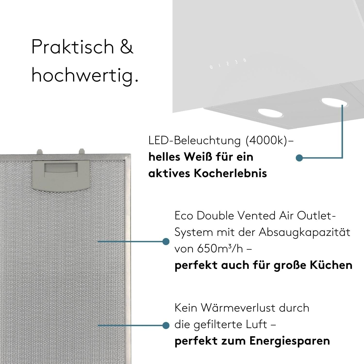 Hotte aspirante pratique avec éclairage LED, forte puissance d'aspiration.