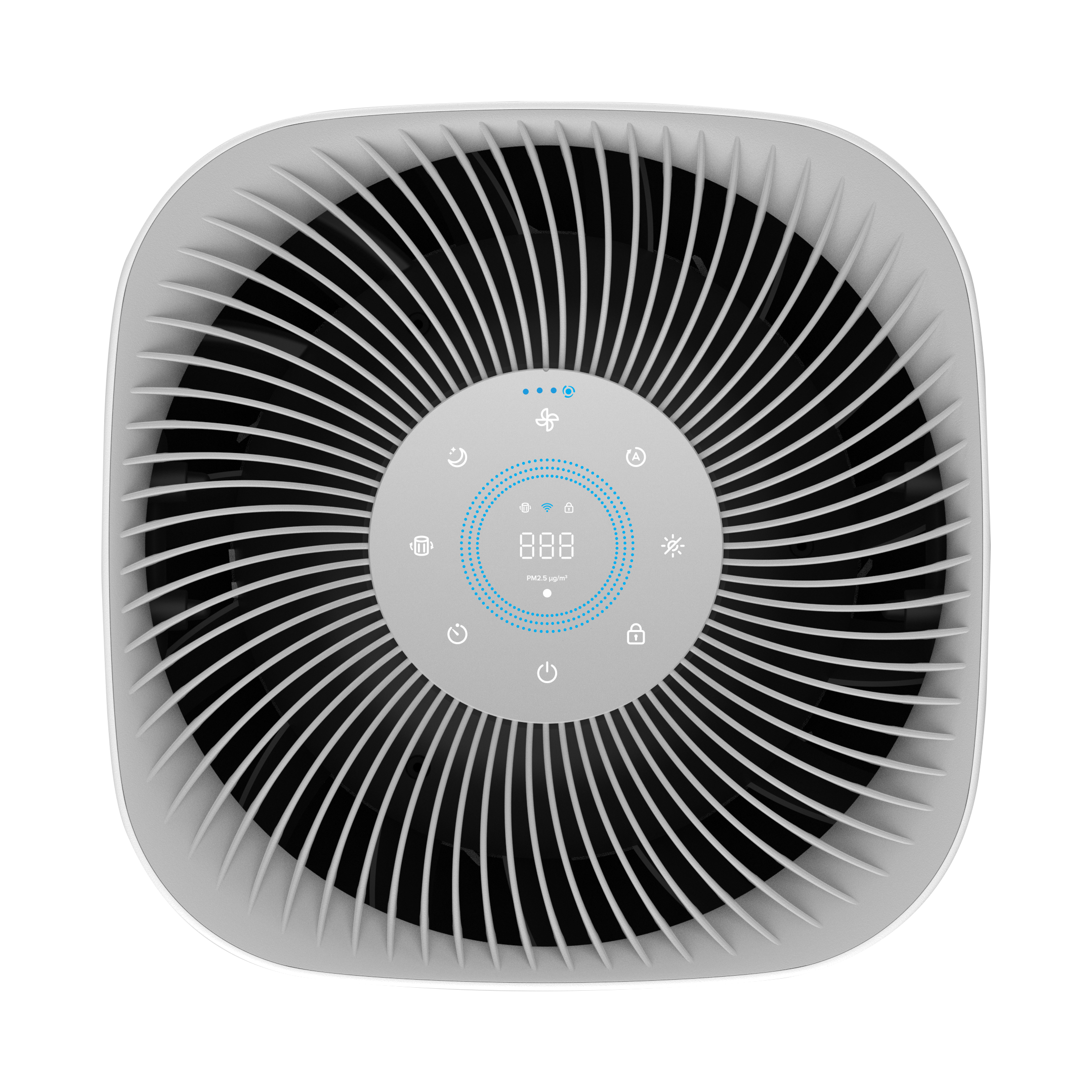 Biały oczyszczacz powietrza z cyfrowym wyświetlaczem i łopatkami wentylatora.