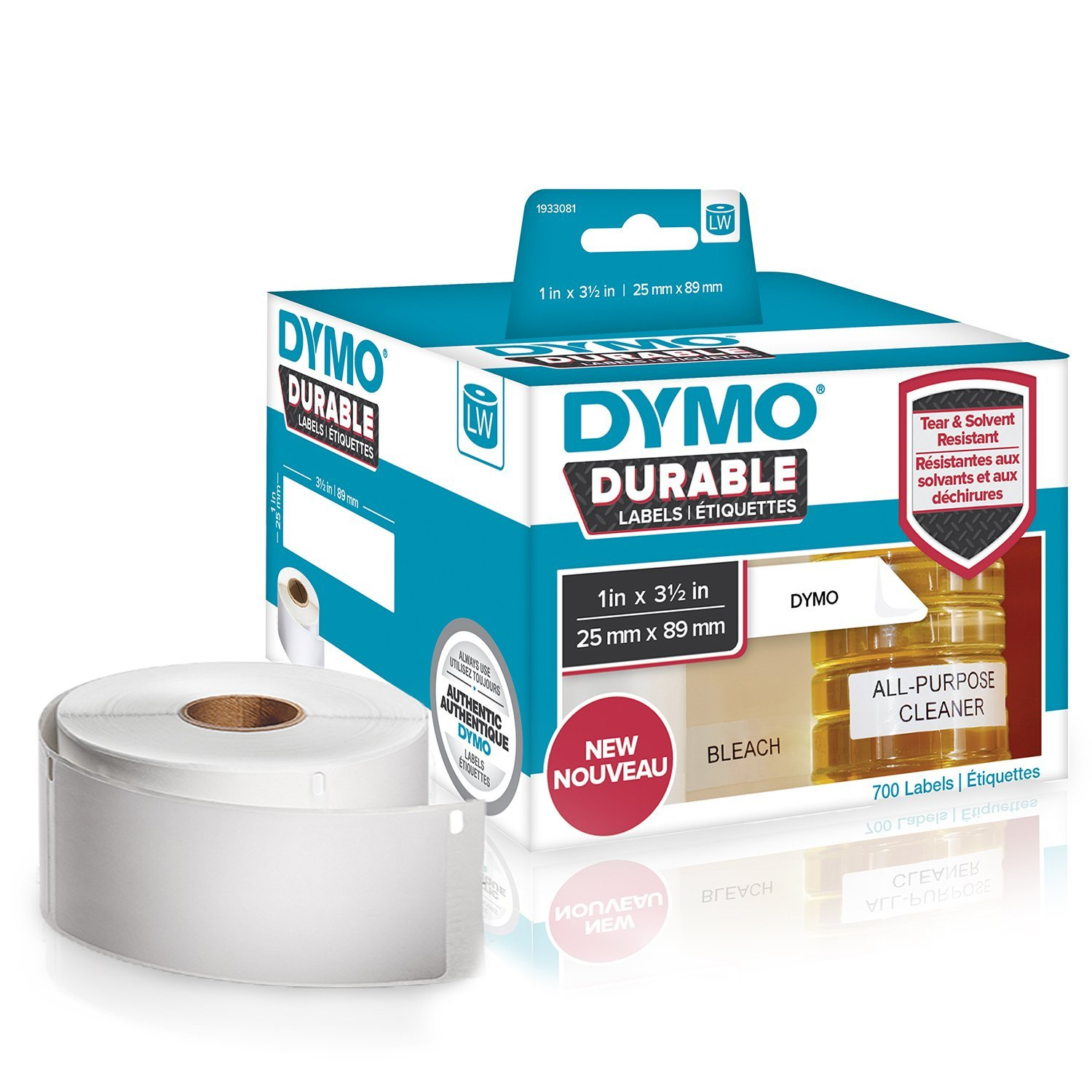 Rotolo di etichette DYMO Durable e confezione, con etichette per pulitore multiuso.