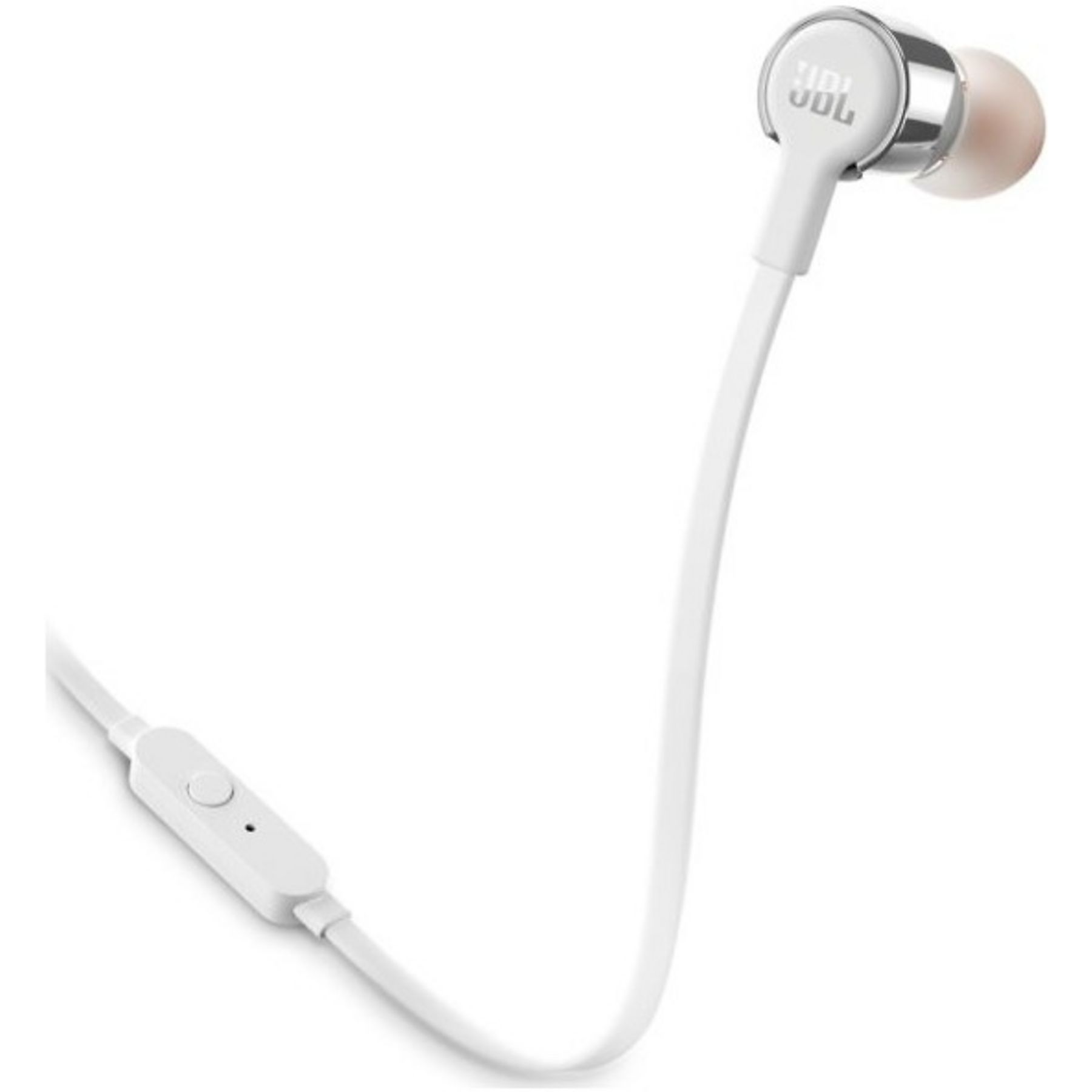 Białe słuchawki JBL z srebrnymi akcentami i pilotem w linii.