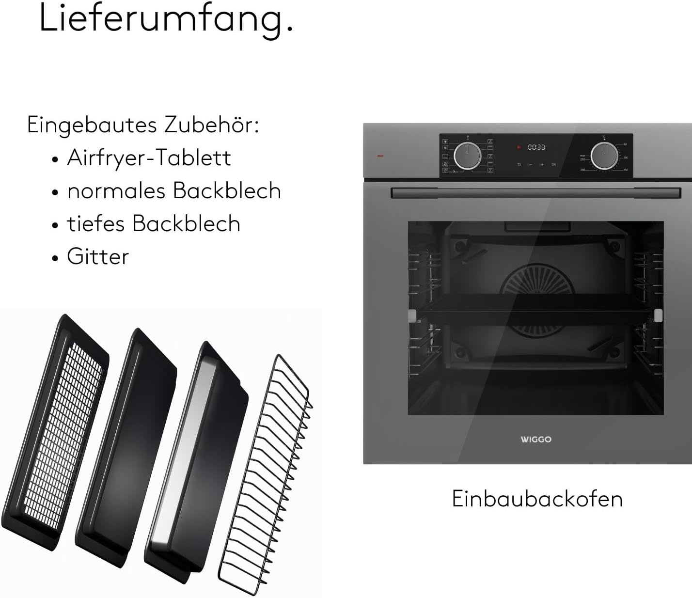 Four encastrable avec accessoires : plateau Airfryer, plaques et grille.