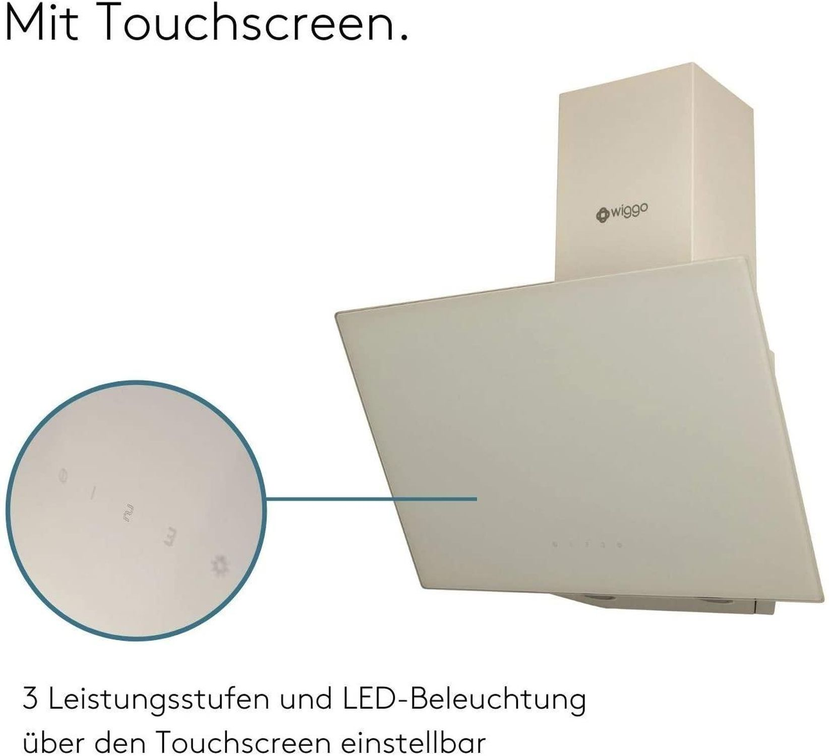 Ein cremefarbener Dunstabzug mit Touchscreen-Bedienfeld und Lüfterstufen.