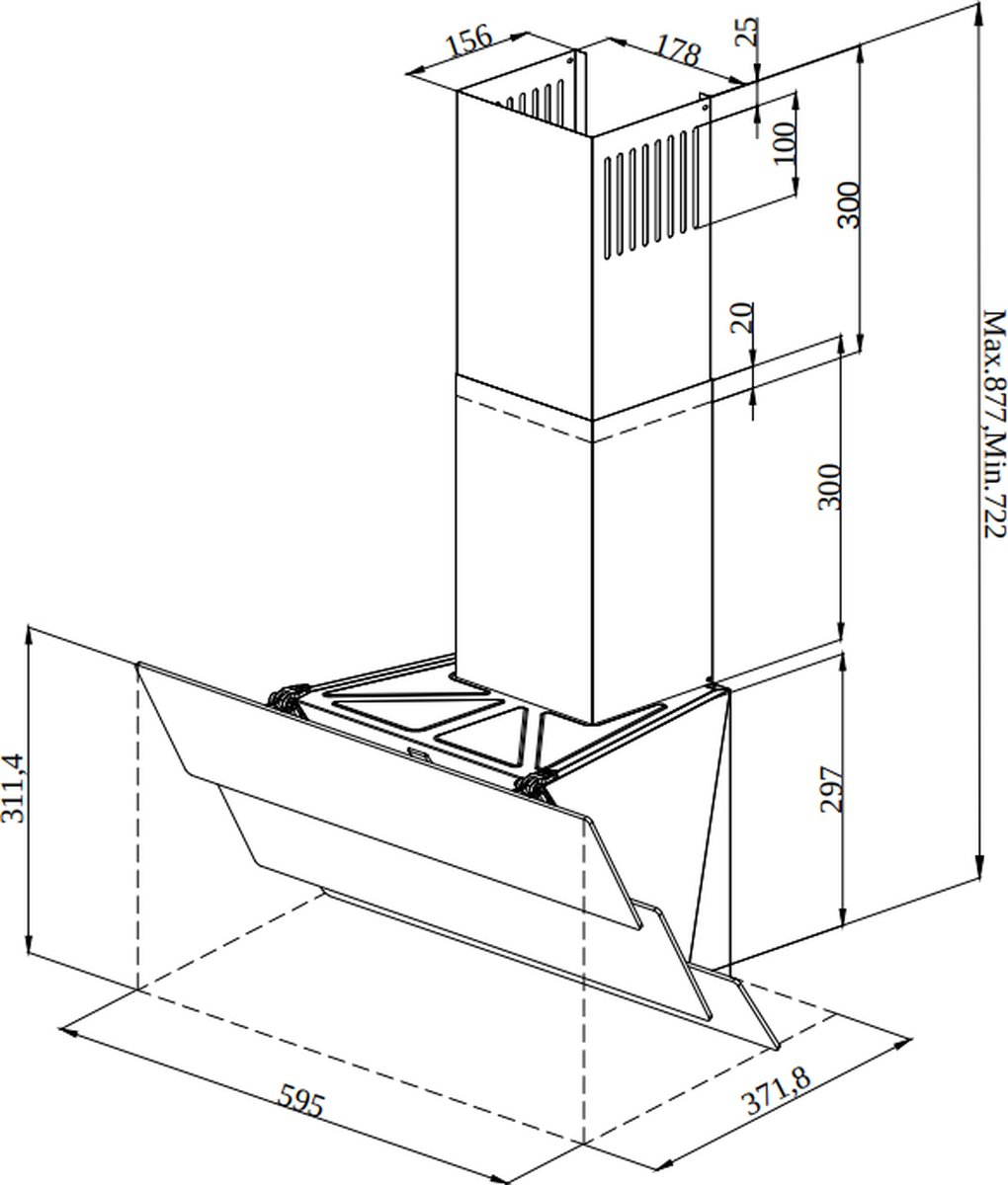 Dessin technique d'une hotte aspirante avec dimensions et détails.