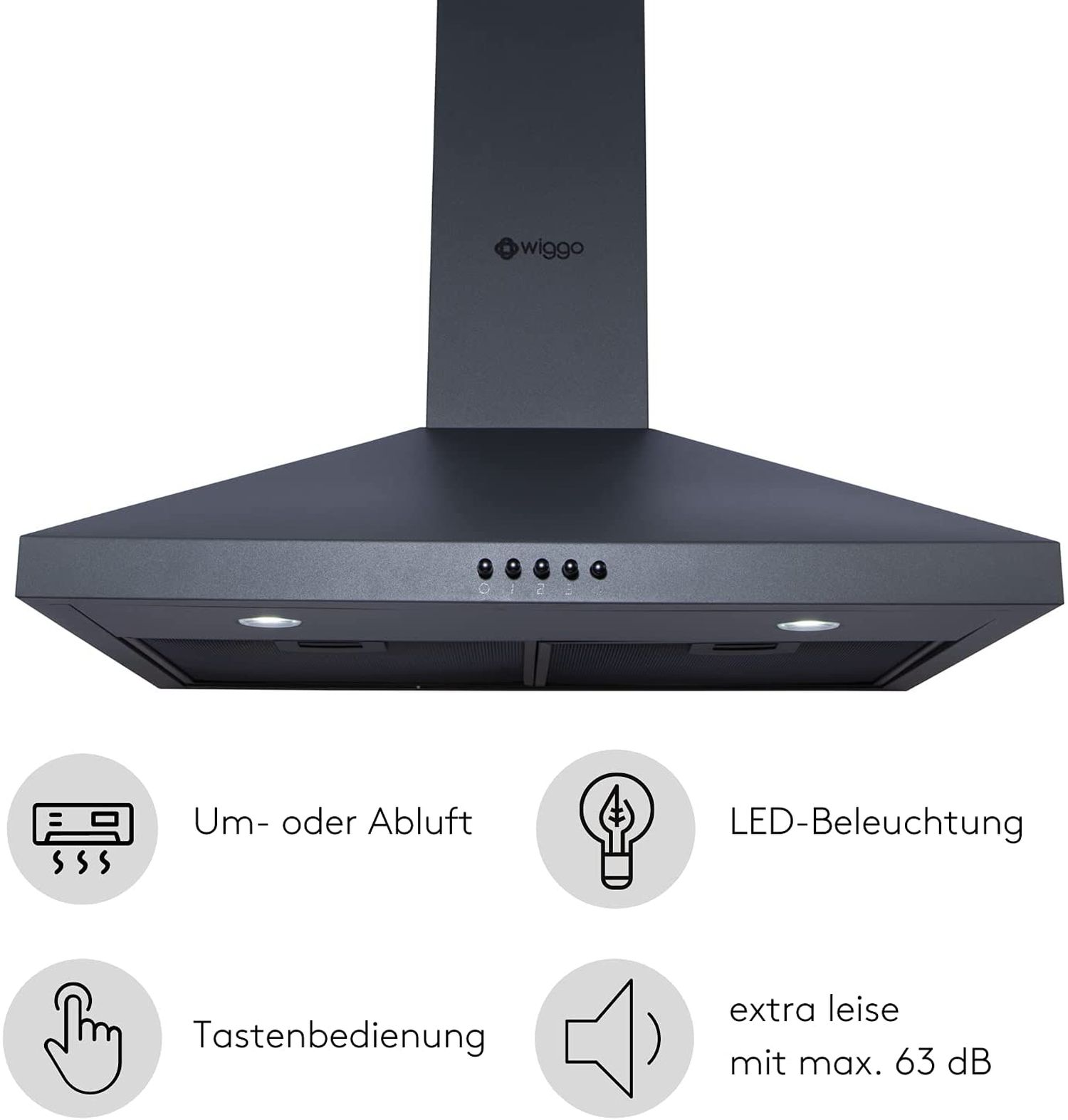 Dunkelgrauer Dunstabzugshaube mit Bedienelementen und Symbolen.