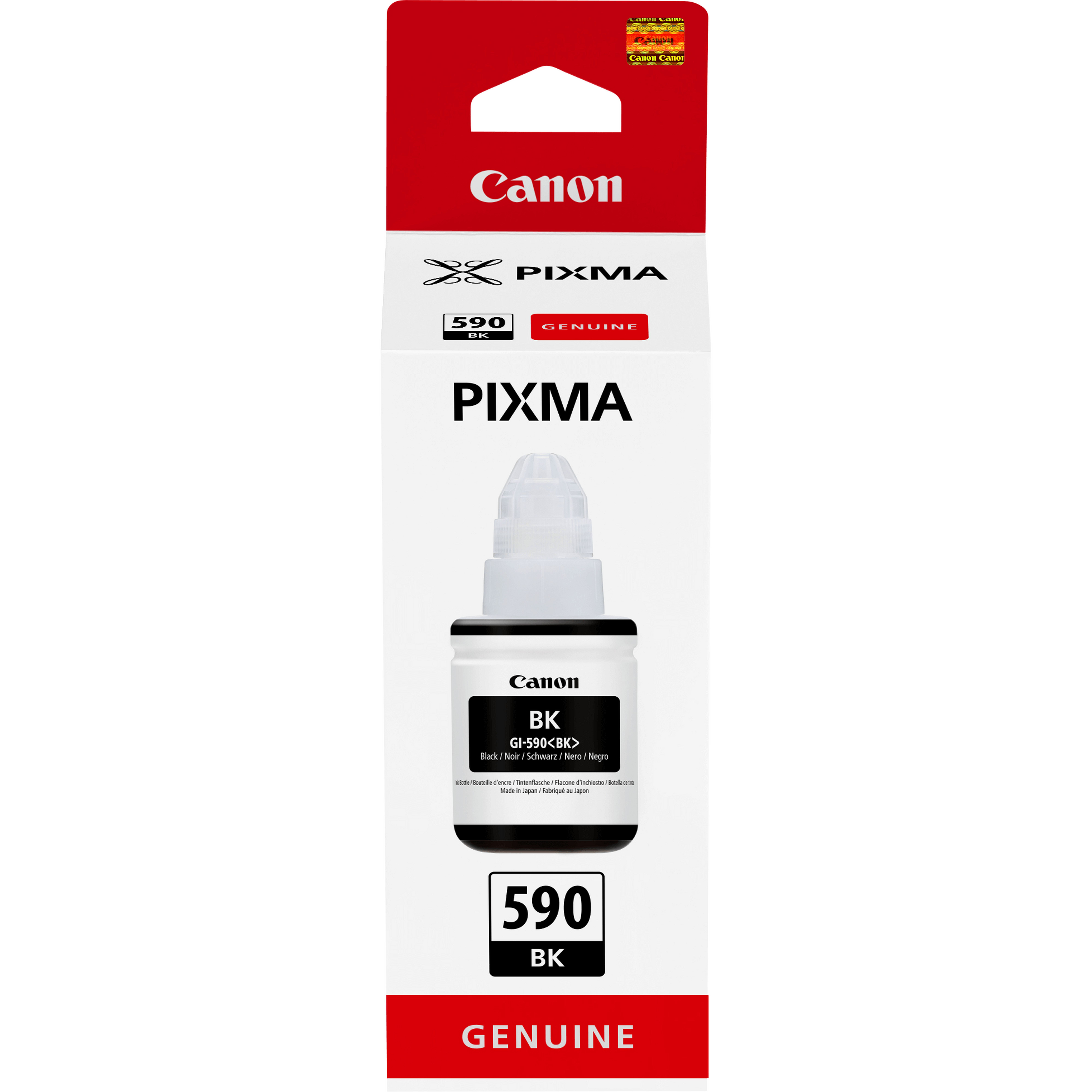 Zwarte Canon GI-590<lt/>BK<gt/> inktfles met PIXMA-logo op witte verpakking.