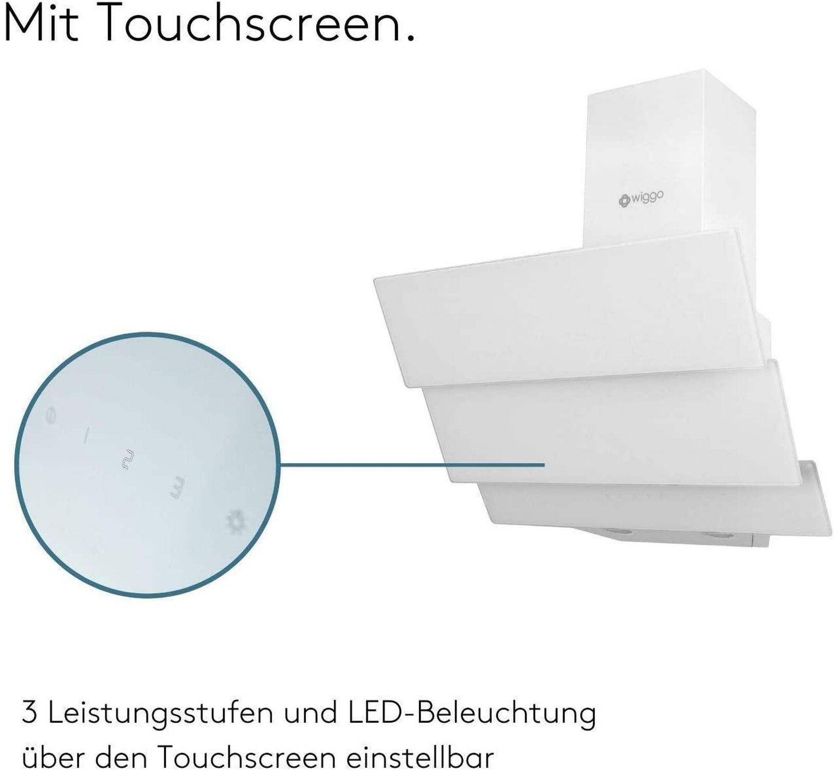 Hotte aspirante blanche avec panneau de commande tactile et trois niveaux de puissance.