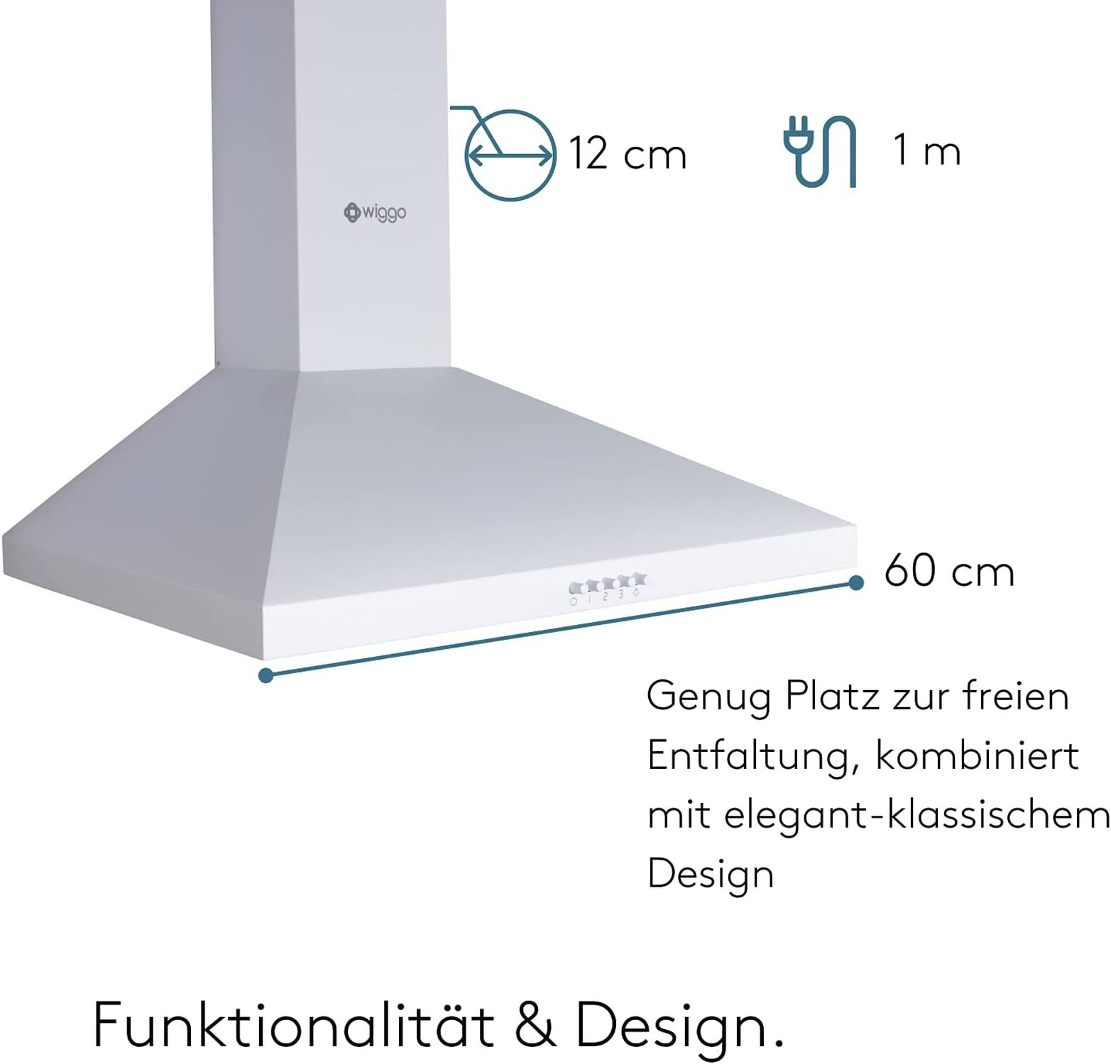 Eine weiße Dunstabzugshaube mit 60cm Breite und Wiggo-Logo.