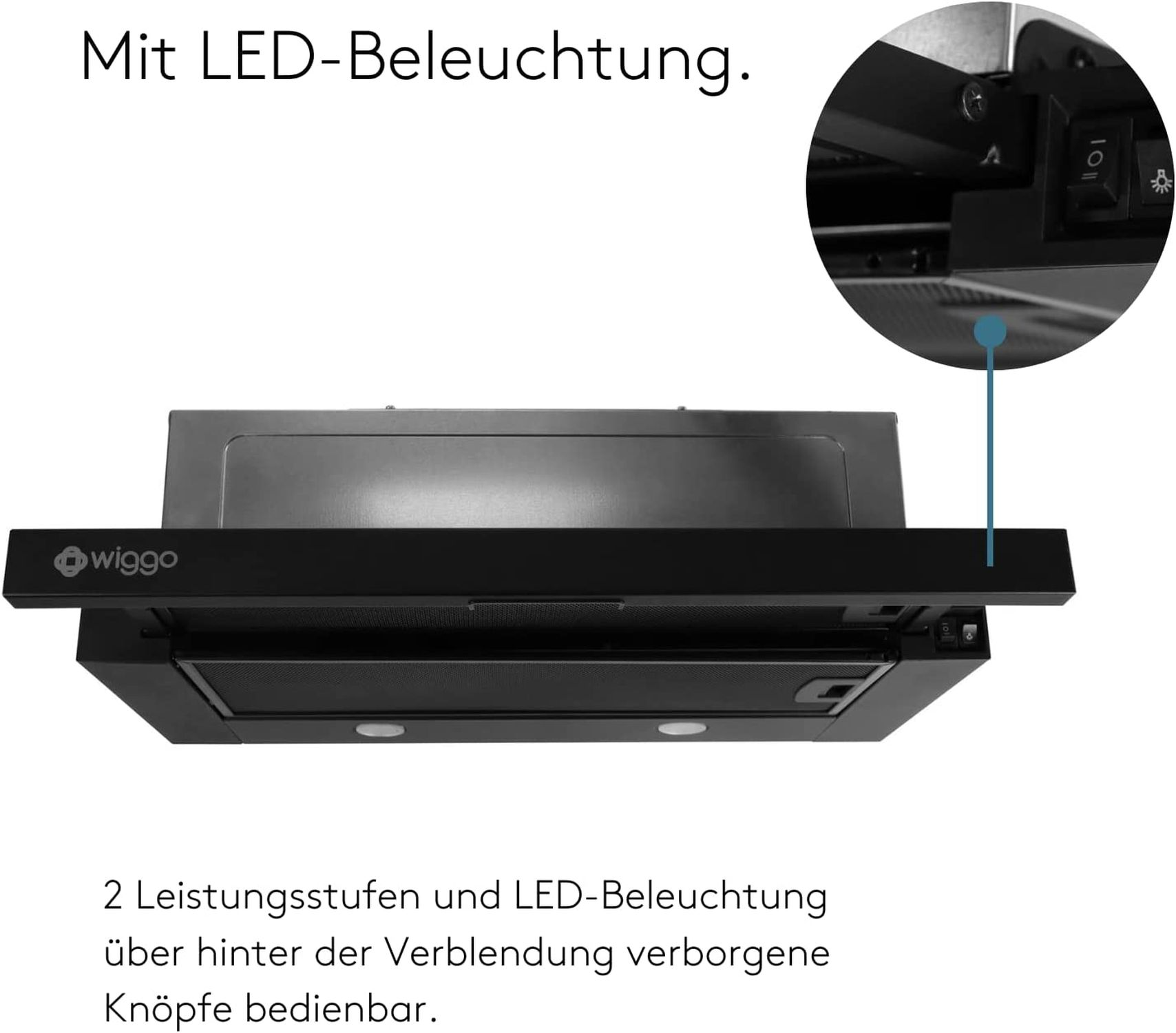 Schwarze Dunstabzugshaube mit Wiggo-Logo und LED-Beleuchtung.