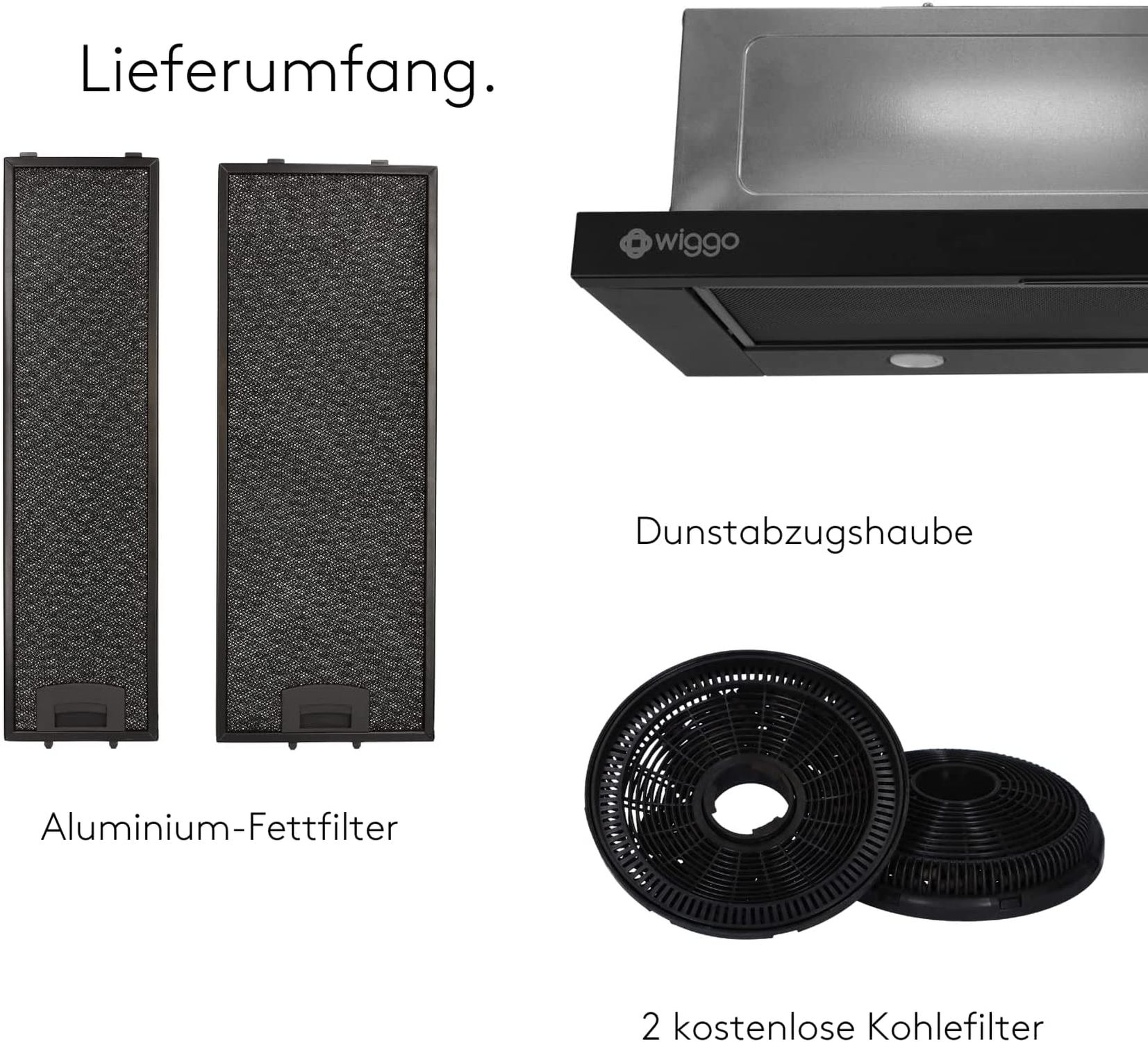Lieferumfang: Dunstabzugshaube, 2 Aluminium-Fettfilter und 2 Kohlefilter.