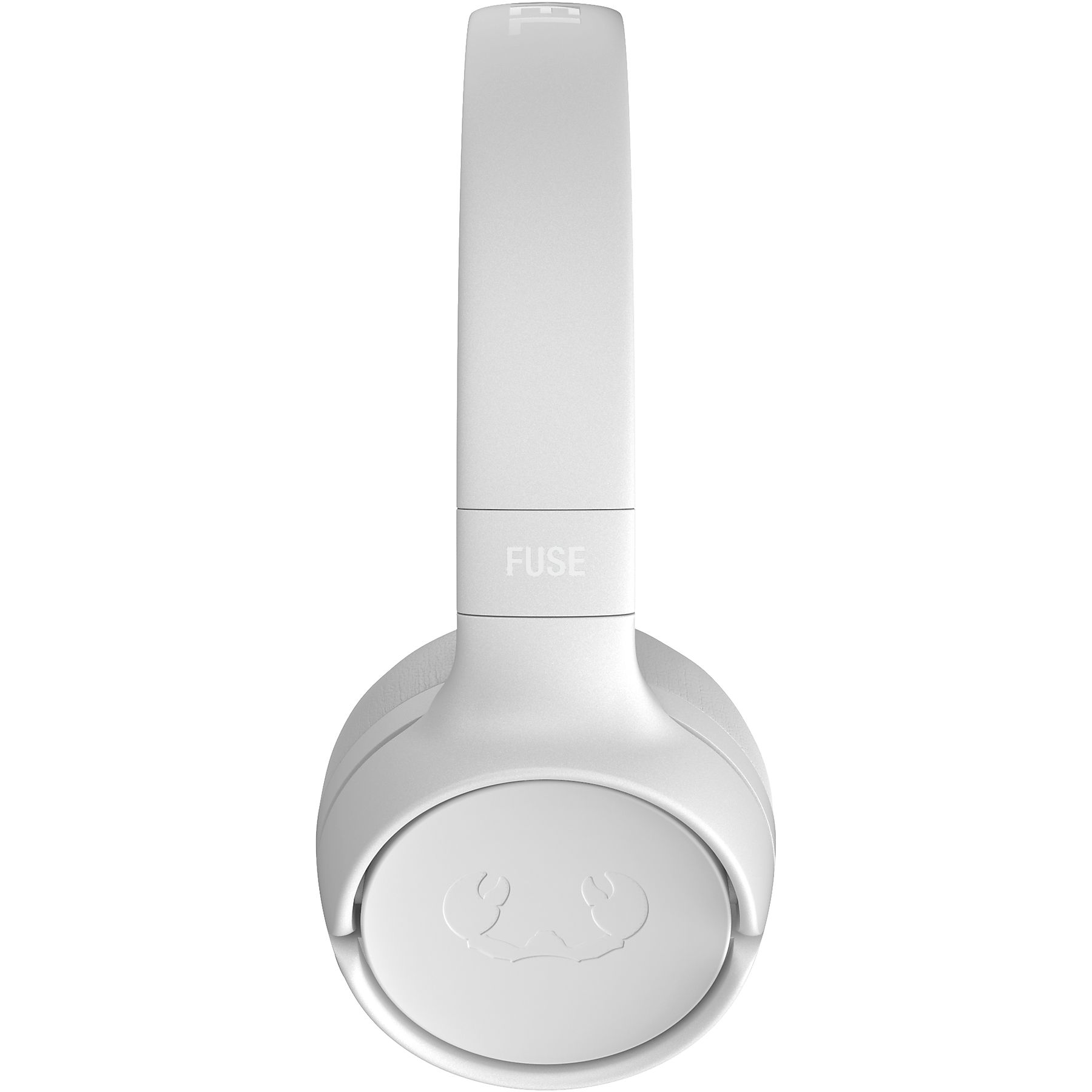 Weiße Kopfhörer mit dem Wort FUSE und einem stilisierten Krebslogo.