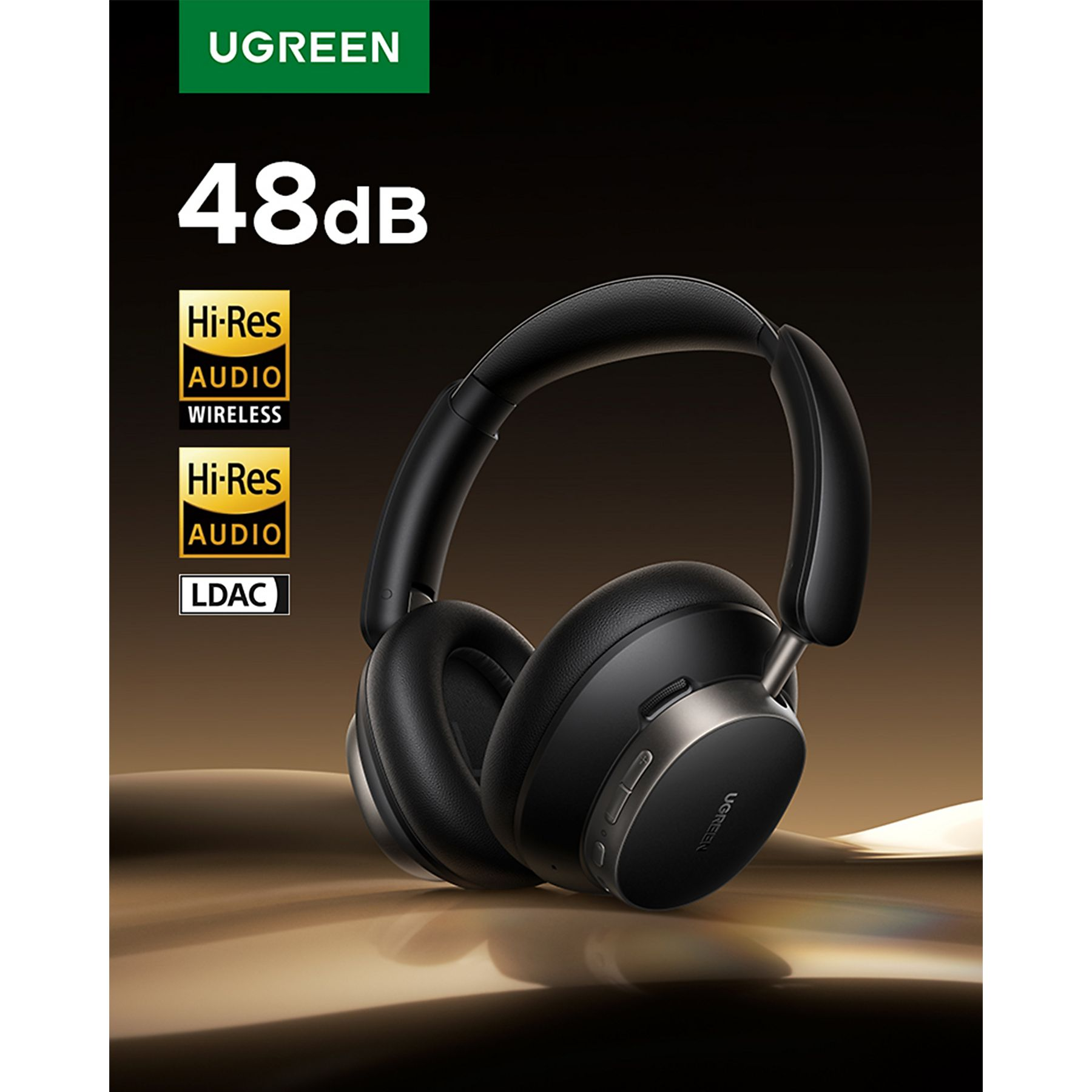 Czarne słuchawki z logo Hi-Res Audio i LDAC na ciemnym tle.