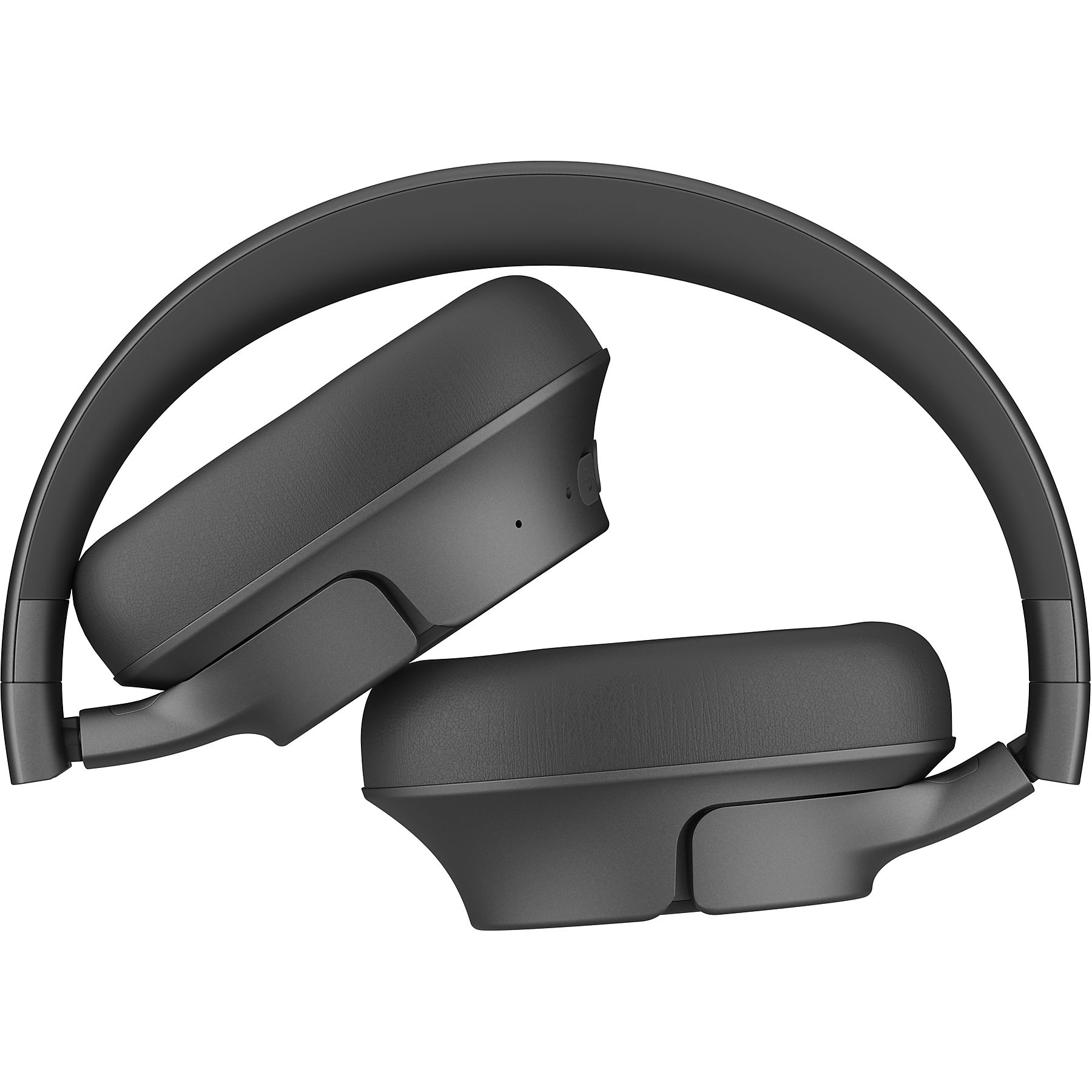 Złożone czarne słuchawki pokazujące nauszniki i pałąk.