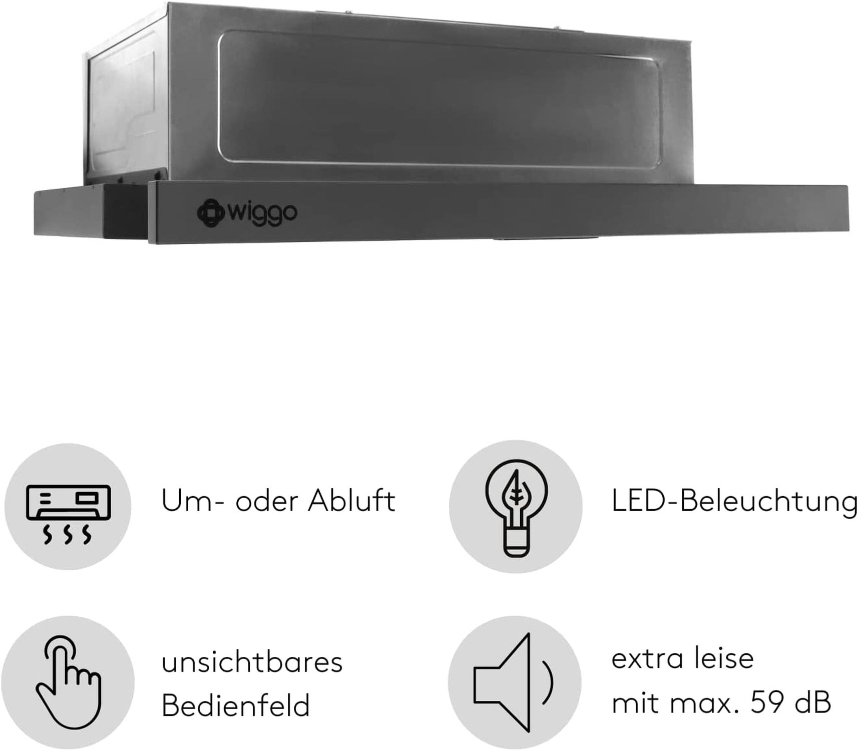 Edelstahl Dunstabzugshaube mit Icons für Umluft, LED, Touch und Geräuschpegel.