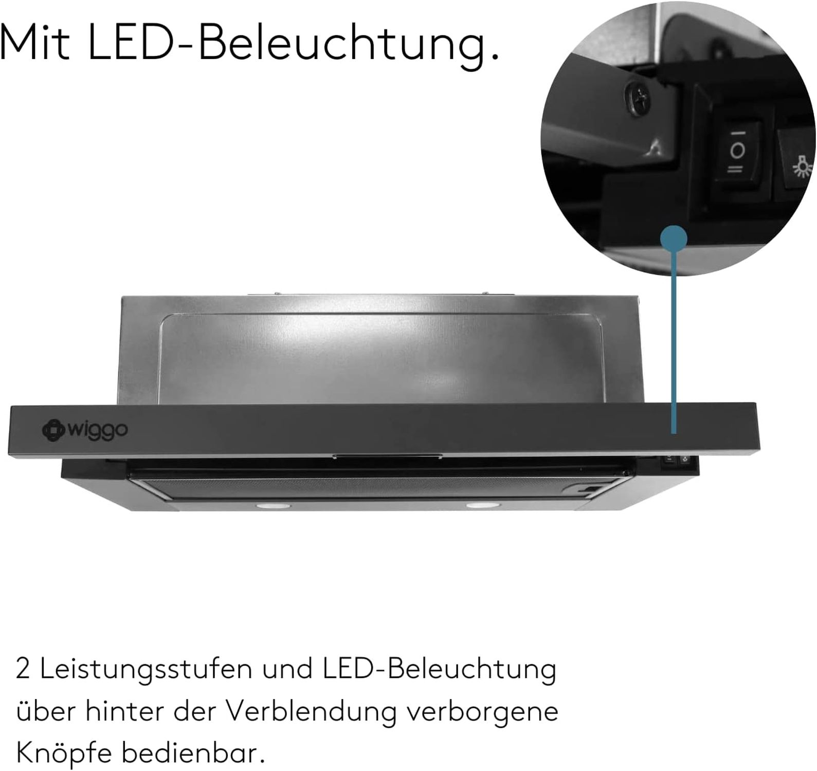 Dunstabzugshaube mit LED-Beleuchtung und versteckten Knöpfen.