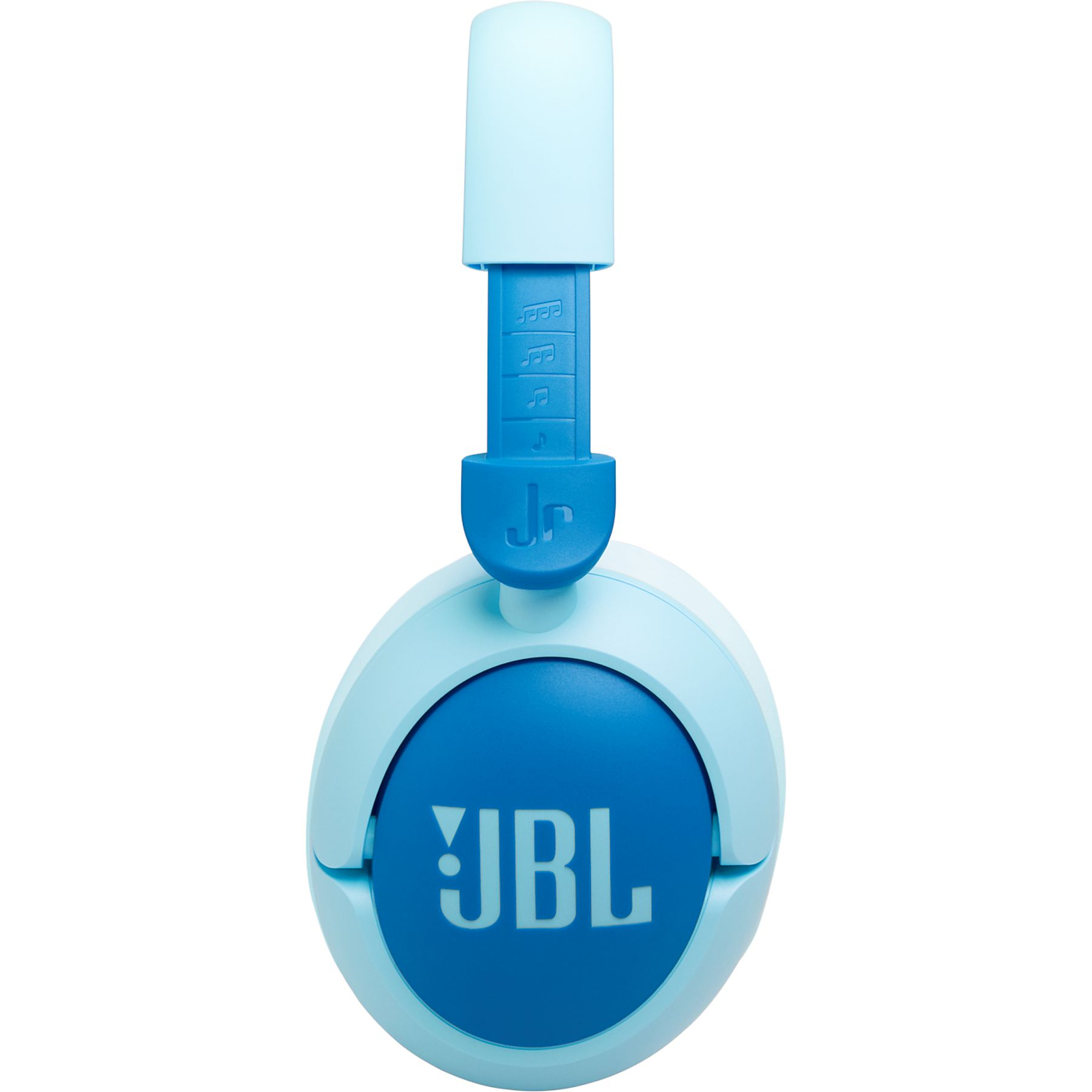 Cuffie azzurro chiaro con accenti blu, logo JBL e note musicali.