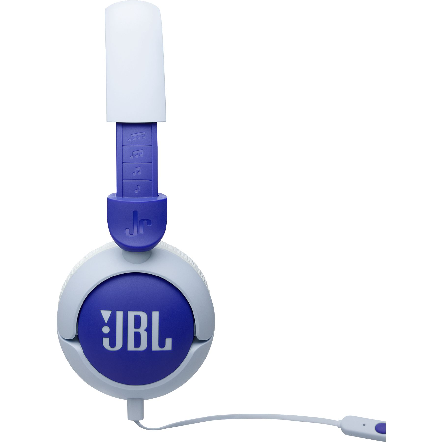 Cuffie viola e bianche con logo JBL sul padiglione.