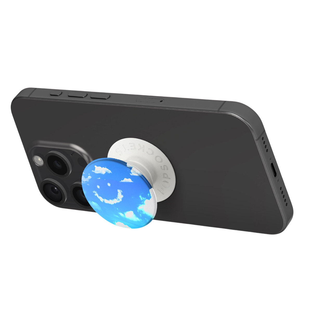 Smartphone nero con un PopSocket che mostra un cielo blu con nuvole.