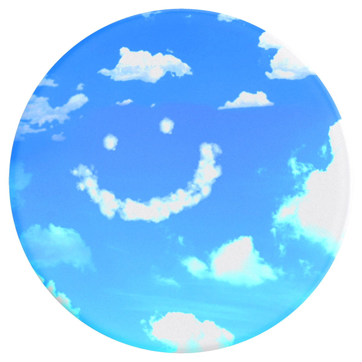 Una faccia sorridente fatta di nuvole in un cielo blu brillante.