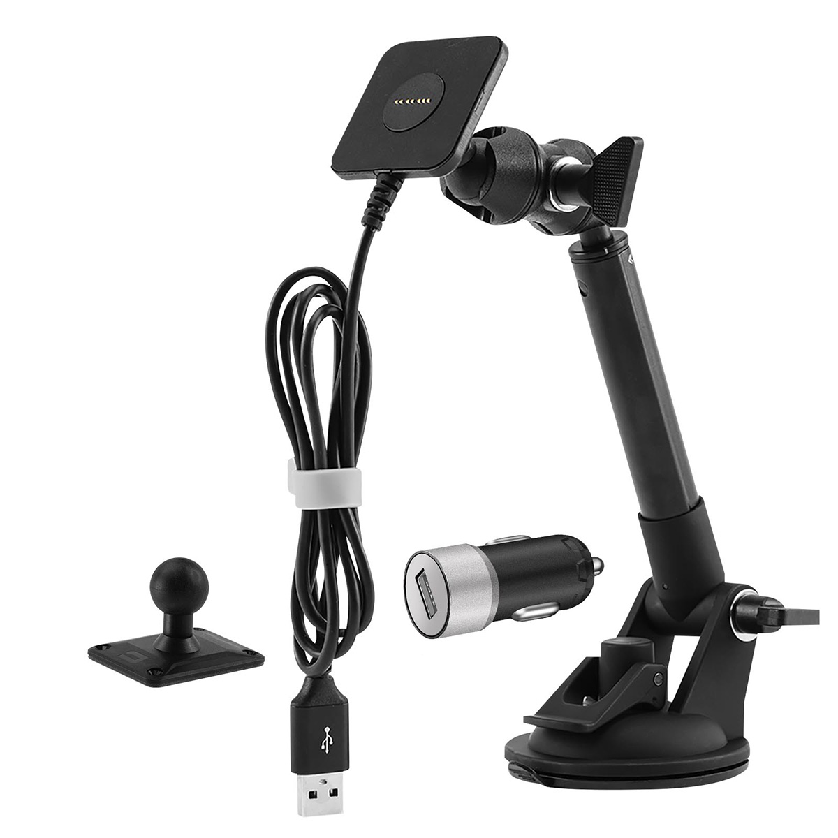 Schwarzes Handy-Ladezubehör mit Saugnapfhalterung und USB-Autoadapter.