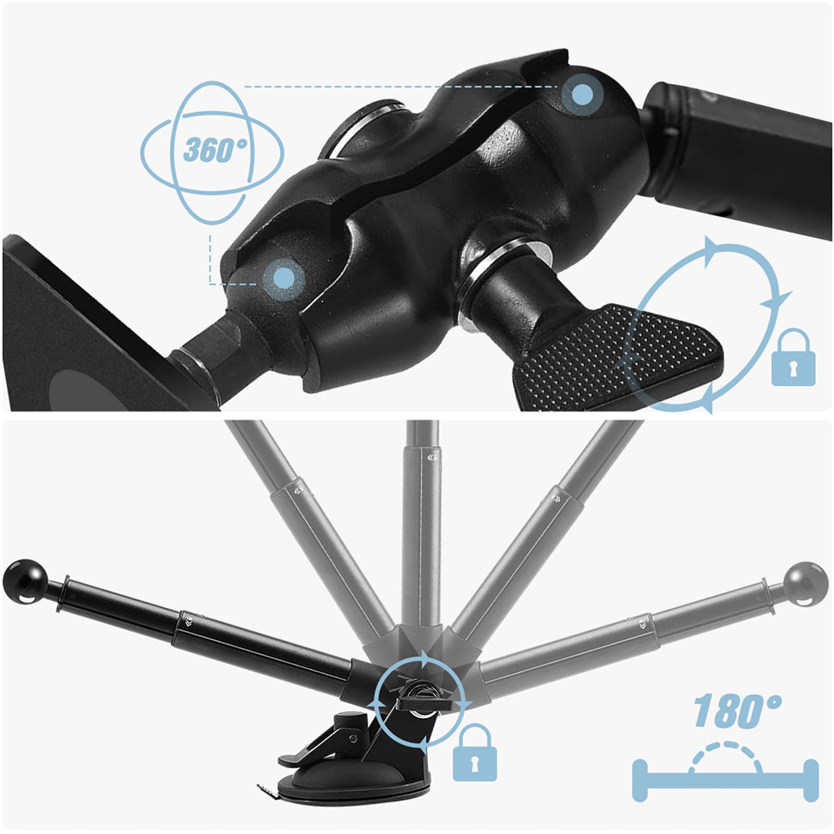 Ein schwarzer Arm mit Gelenken, der eine 360-Grad-Drehung und 180-Grad-Neigung zeigt.