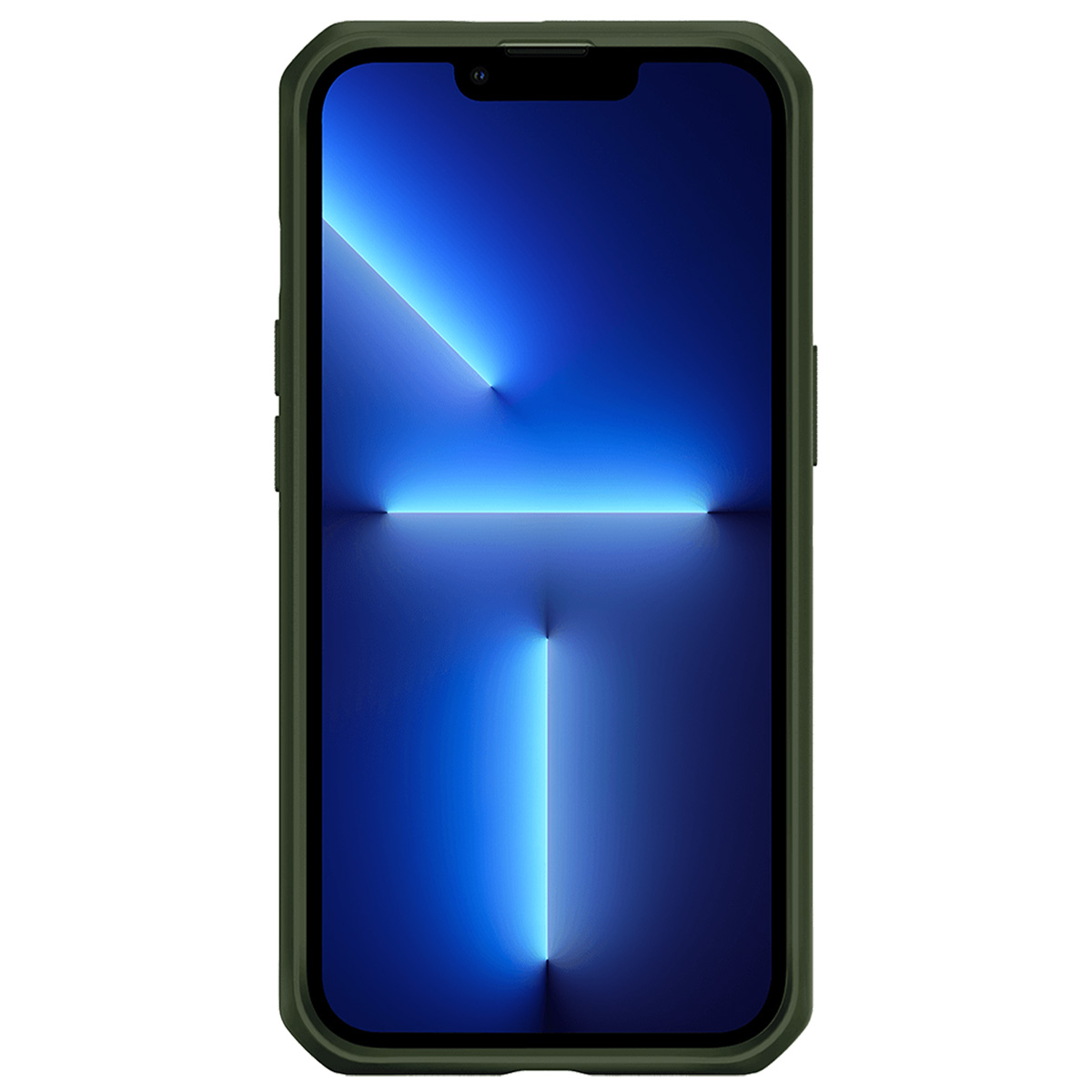 Un iPhone verde scuro che mostra uno sfondo blu.