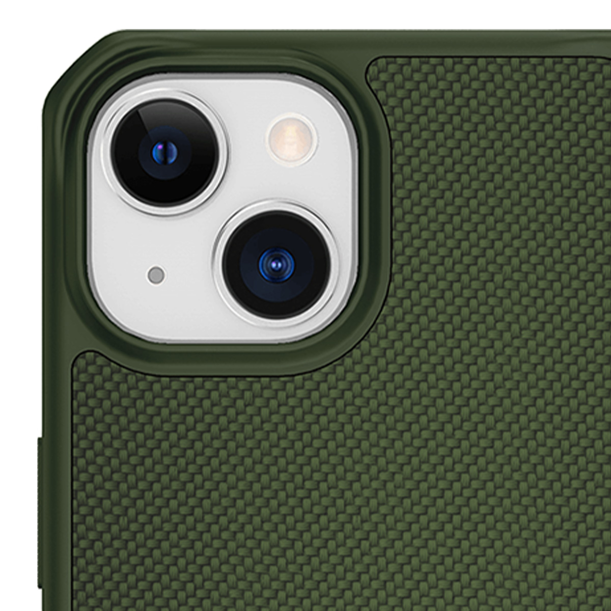 Custodia verde per telefono con due lenti e flash.
