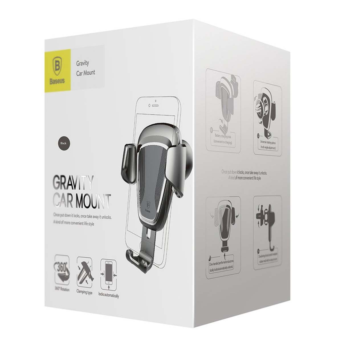 Opakowanie czarnego uchwytu samochodowego na telefon grawitacyjnego z grafikami.