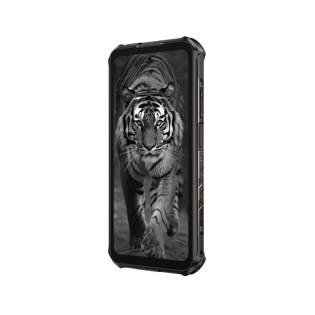 Smartfon z obrazem tygrysa na białym tle.