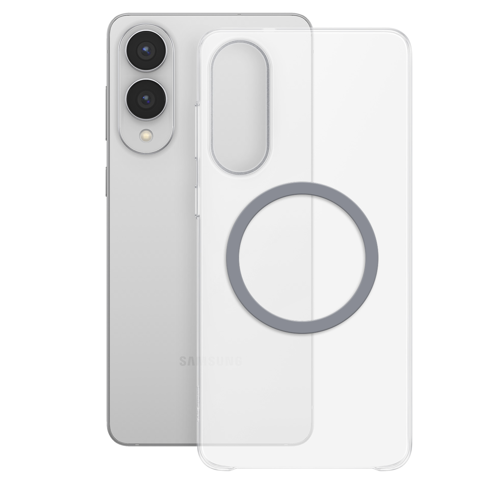 Un smartphone Samsung plateado junto a una funda transparente con anillo gris.