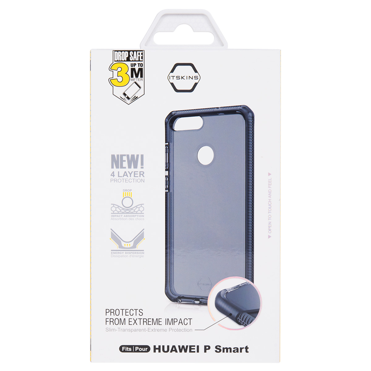 Confezione per custodia Huawei P Smart con etichetta "Drop Safe".