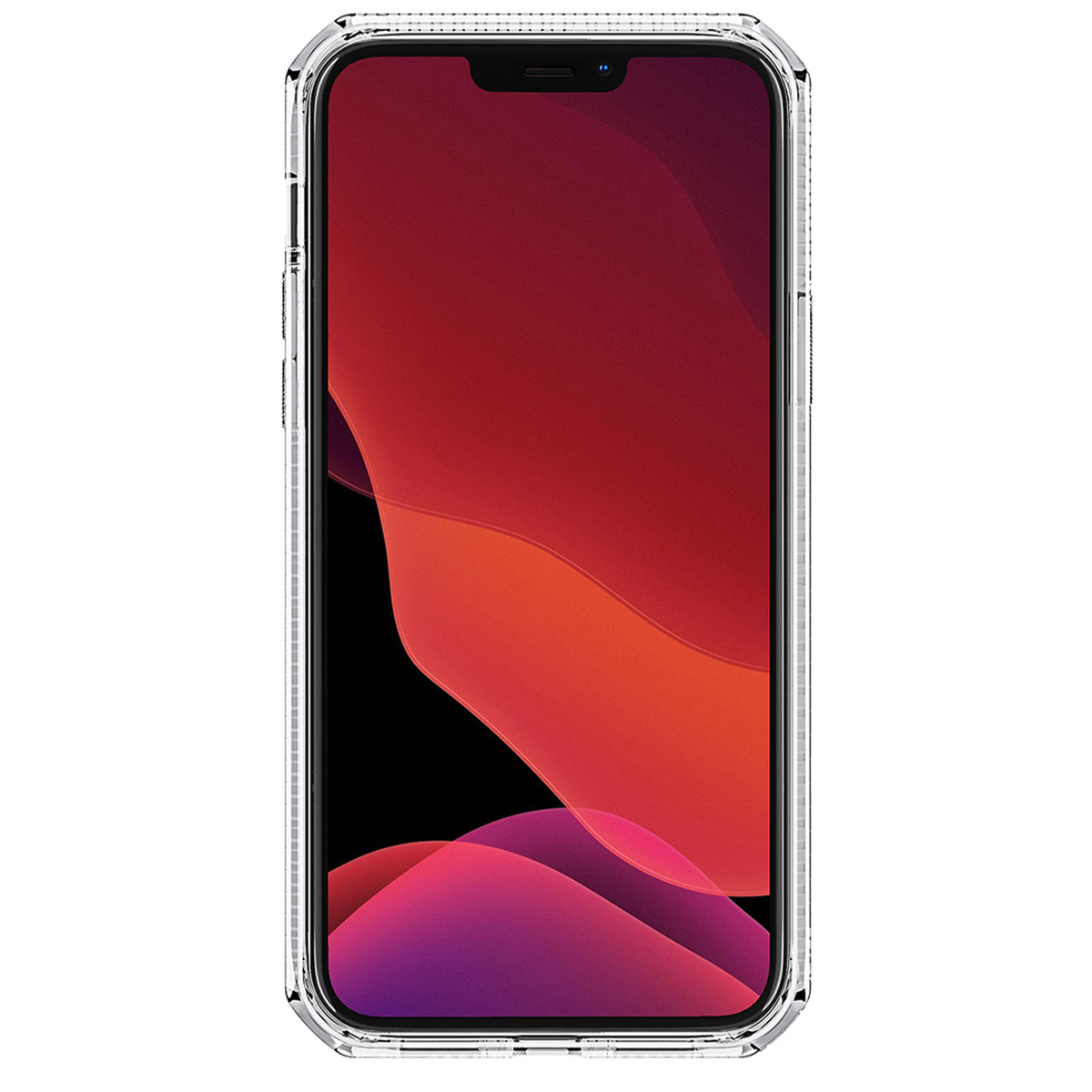 Una custodia trasparente per telefono su sfondo bianco, che mostra lo schermo con uno sfondo astratto rosso e viola.