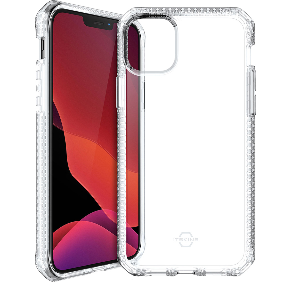 Custodia trasparente per smartphone con sfondo rosso.