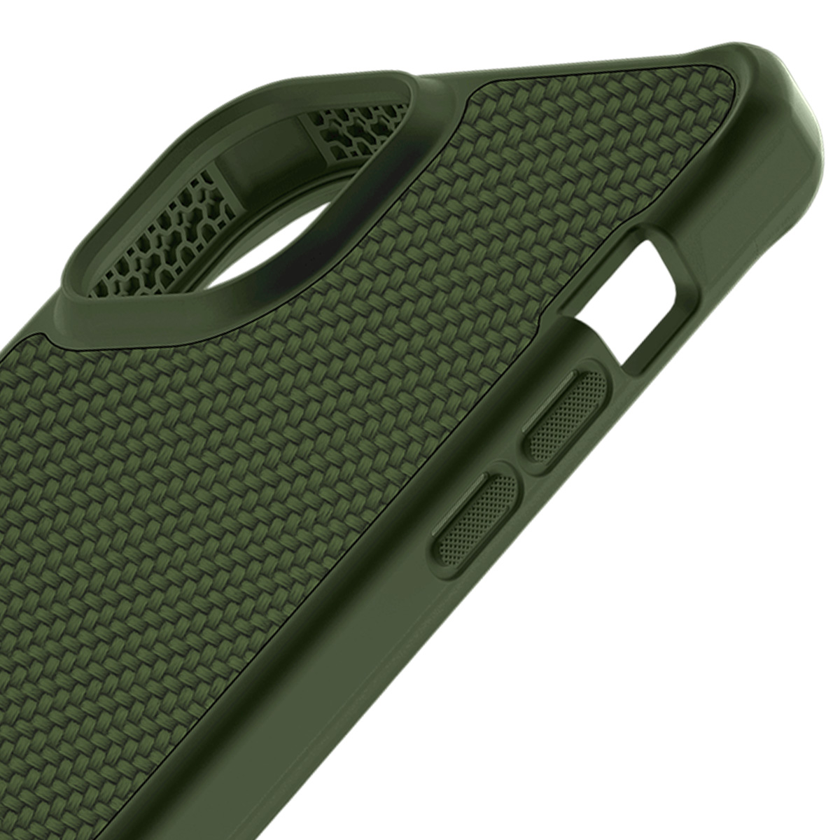 Custodia verde scuro per telefono con accenti a nido d'ape e ritagli.