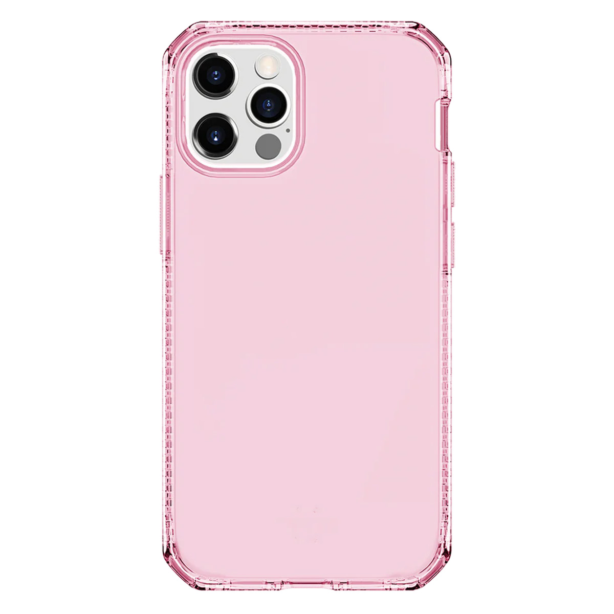 Una custodia per telefono rosa trasparente con modulo fotocamera e pulsanti laterali.