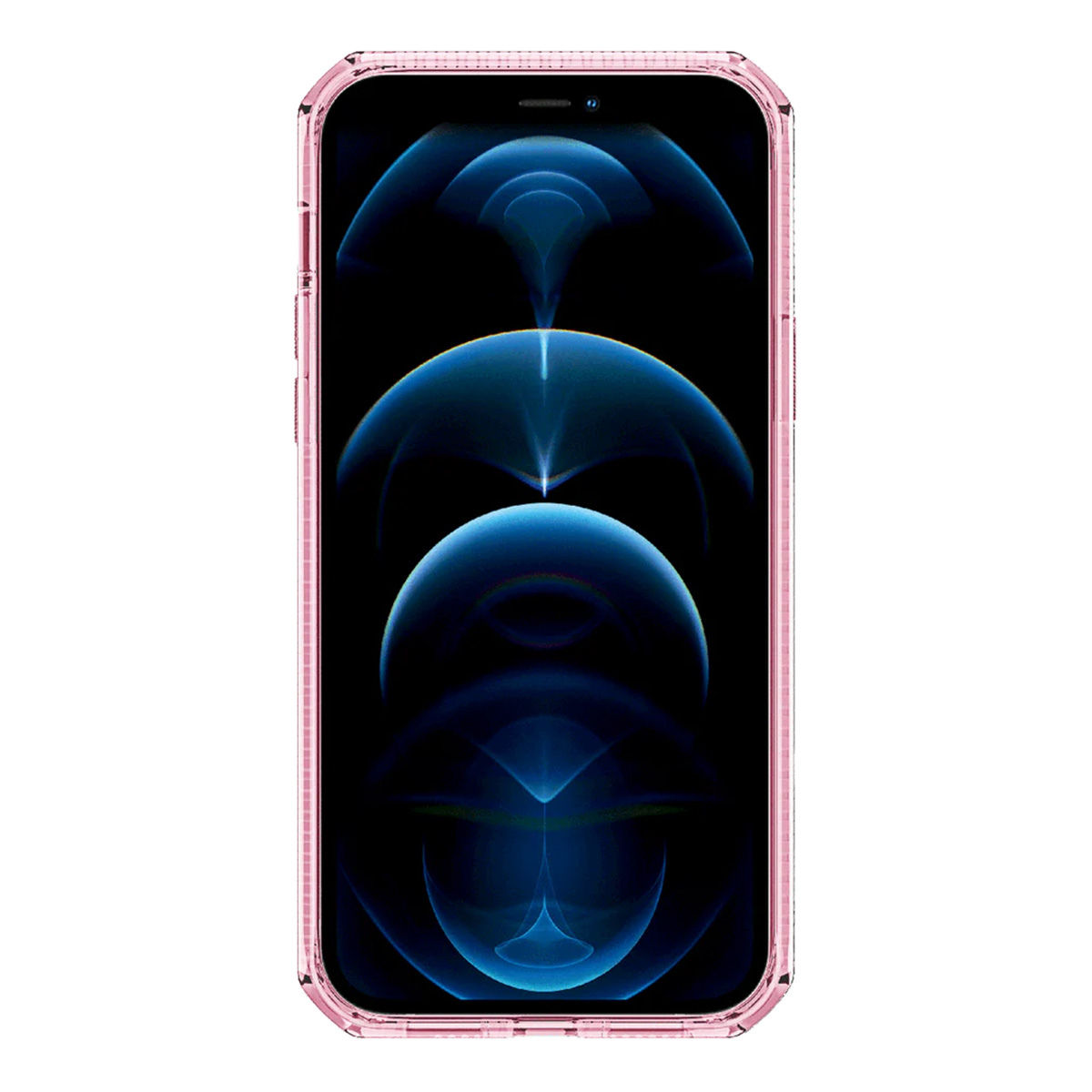 Un iPhone rosa che mostra uno sfondo astratto blu.