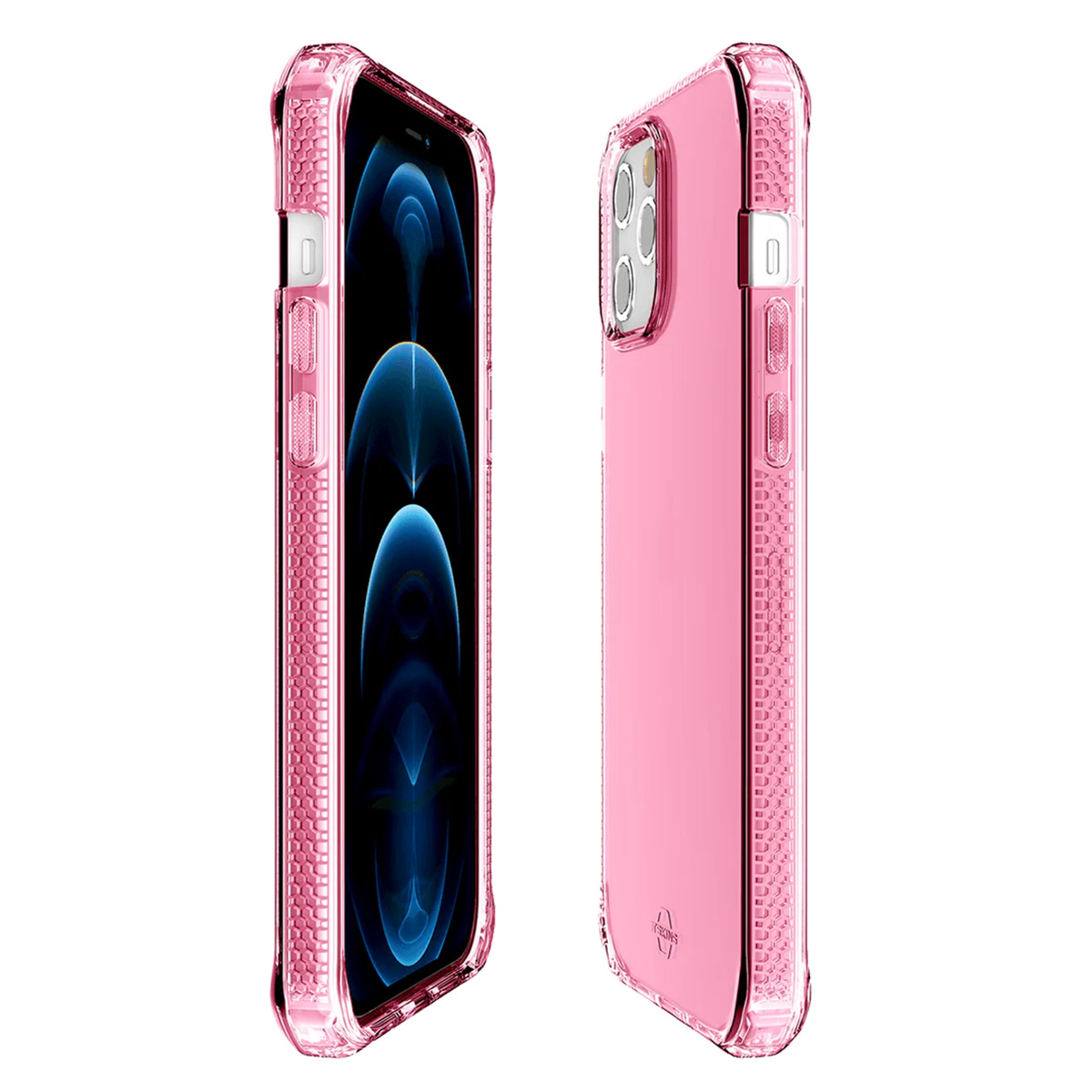 Due custodie rosa per telefono con cornici trasparenti, una mostra un telefono con sfondo blu.