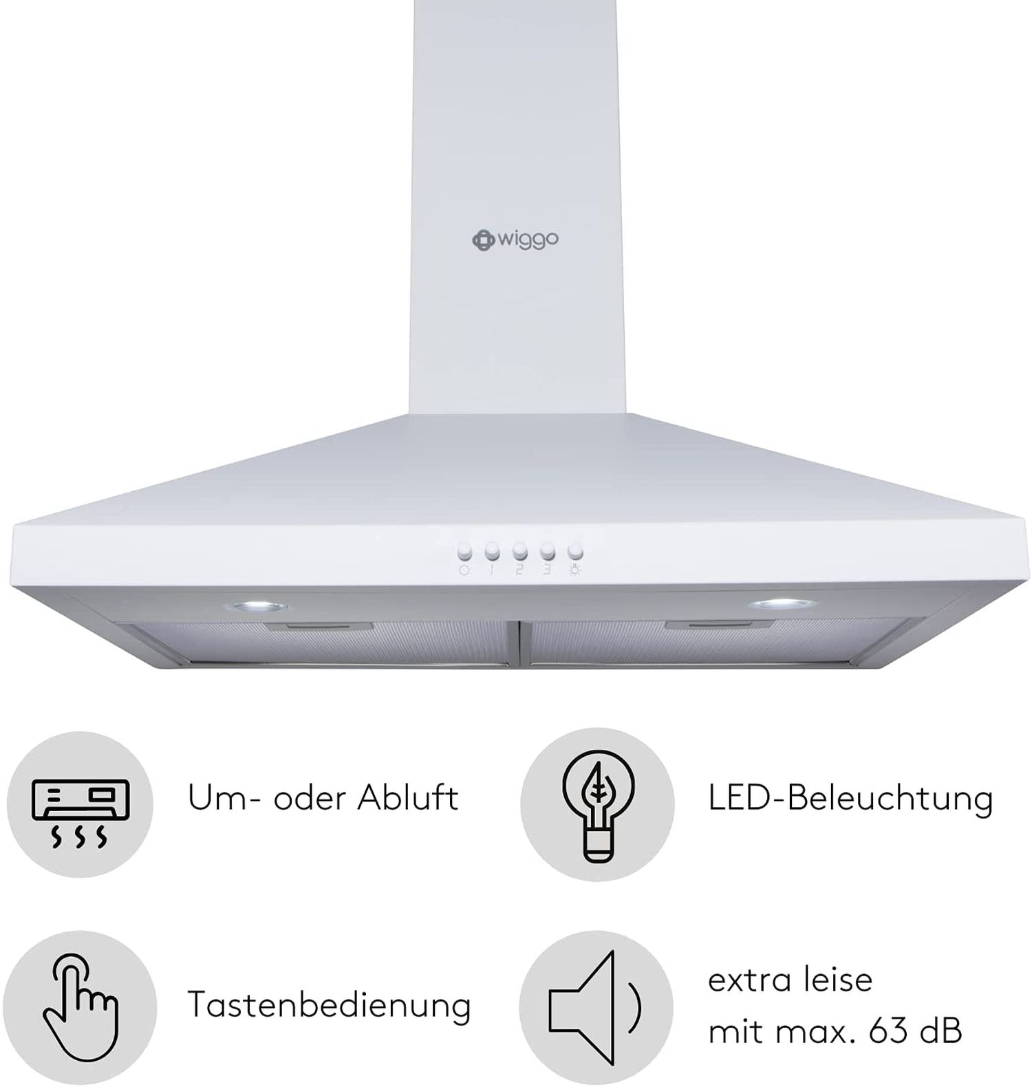 Weiße Dunstabzugshaube mit Knöpfen, LED-Licht und Lautsprechersymbol.