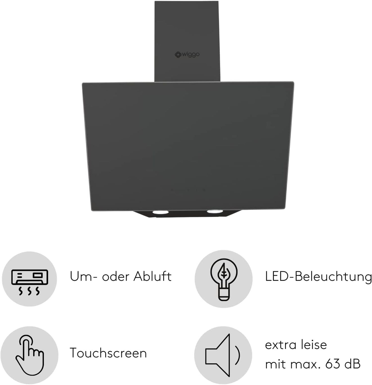 Hotte aspirante gris foncé avec logo Wiggo, écran tactile, éclairage LED.