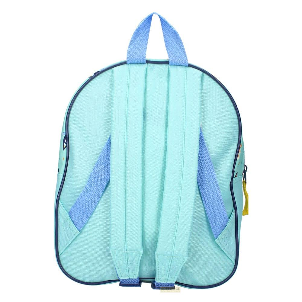 Hellblaue Kinderrucksackrückseite mit Tragegriff und Trägern.
